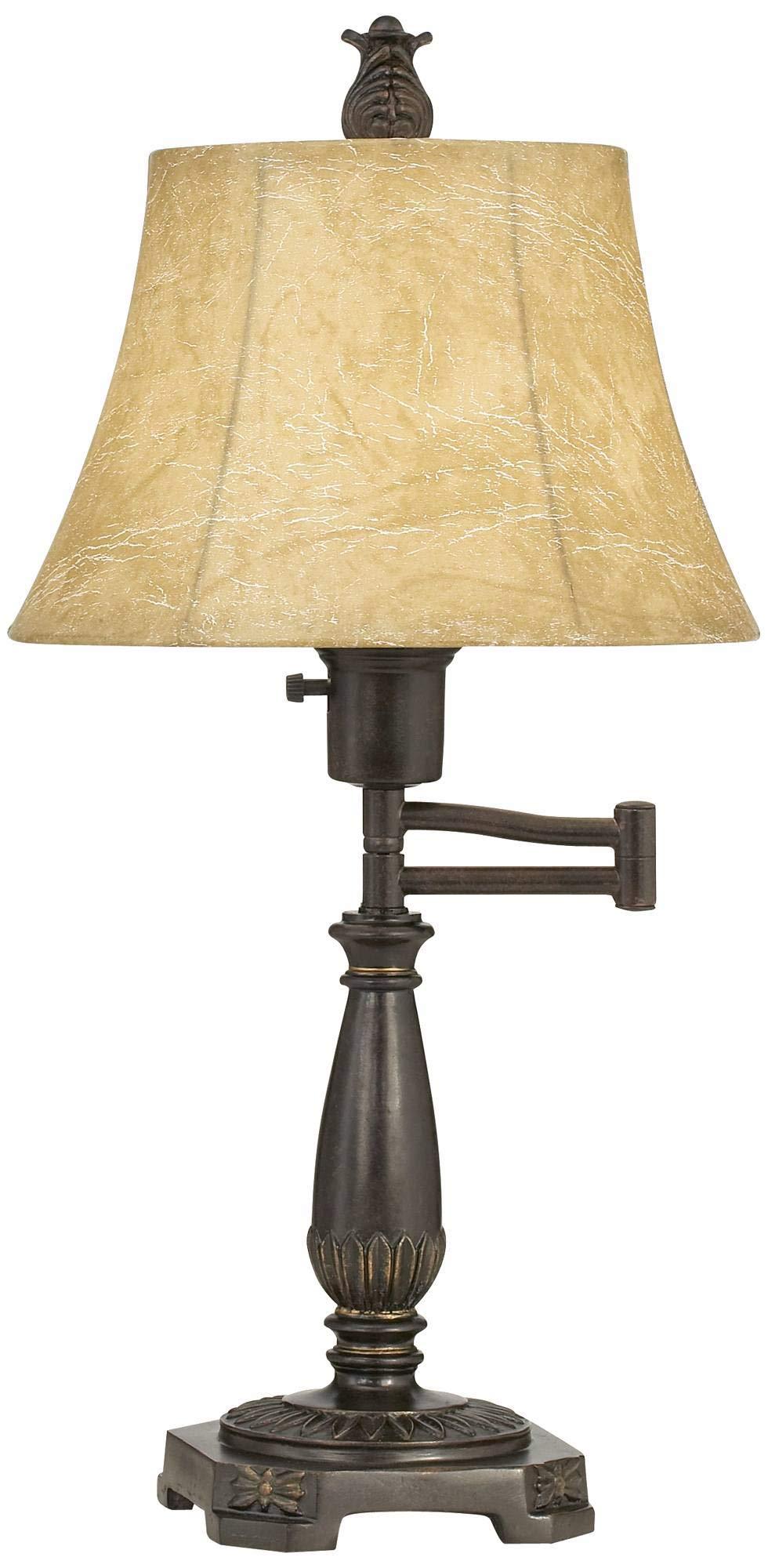 Regency Hill Regency Hill Traditional Rustic Natural Cottage Swing Arm Desk Table Lamp 22.5\" High Bronze Metal Faux Leather Bell Leather Shade Decor Living Room Bedroom House Bedside Nightstand Home Office