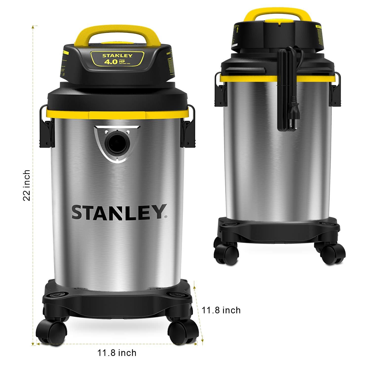 Stanley Stanley SL18129 Wet/Dry Vacuum, 4 Gallon, 4 Peak HP, Stainless Steel Tank with Top Handle, 3-in-1 Shop Vacuum Cleaner with Blower for Home, Garage, Car, Workshop, Pet Hair, Silver+Yellow+Black
