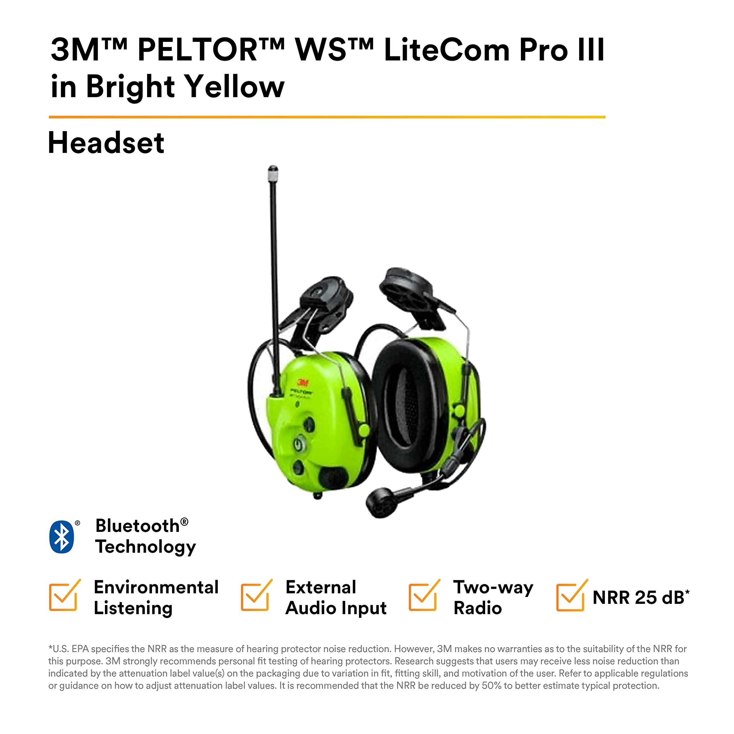 3M 3M PELTOR WS LiteCom Pro III Headset MT73H7P3E4D10NA GB, BrightYellow, Hard Hat Attached, Pack of 1