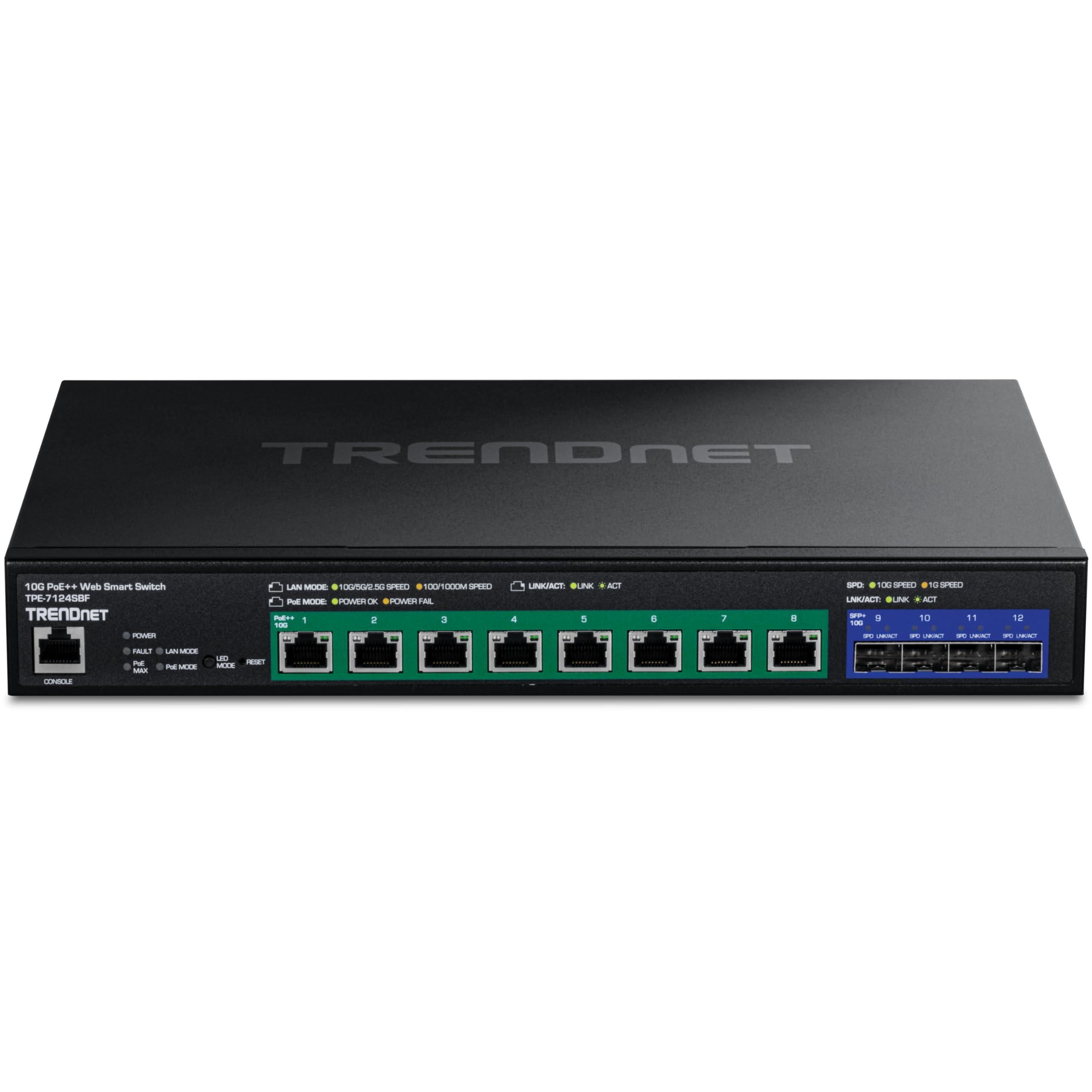 TRENDnet TRENDnet 12-Port 10G PoE++ Web Smart Switch, TPE-7124SBF, 720W PoE Power Budget, 8 x 10G PoE++ Ports, 4 x 10G SFP+ Ports, NDAA TAA Compliant, 1U 19" Rack Mountable, Lifetime Protection