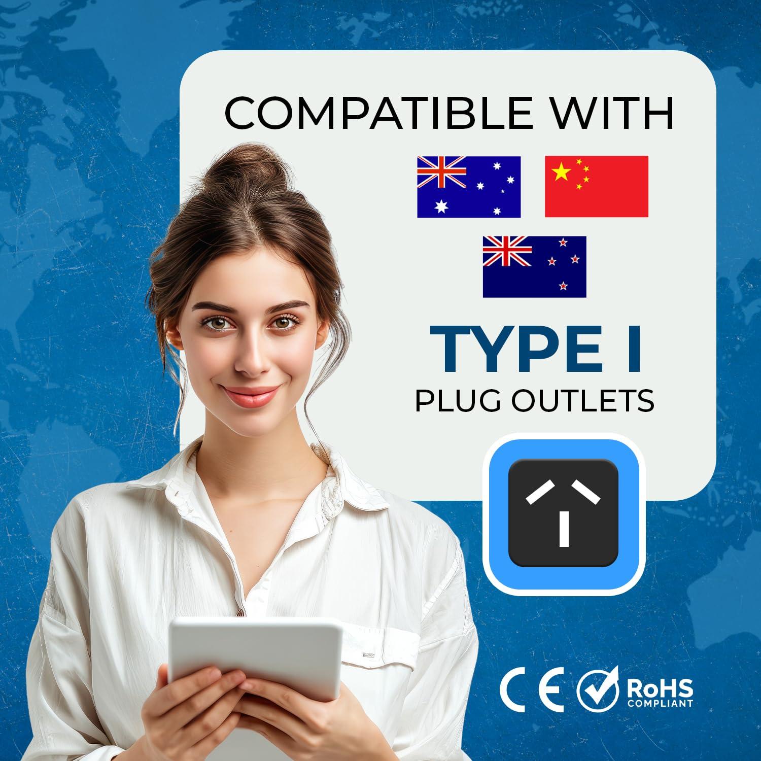 OREI OREI Australia, New Zealand, China Power Plug Adapter 2-in-1 AU Travel Adapter with Universal Socket & USA Outlet Type I 2 Pack