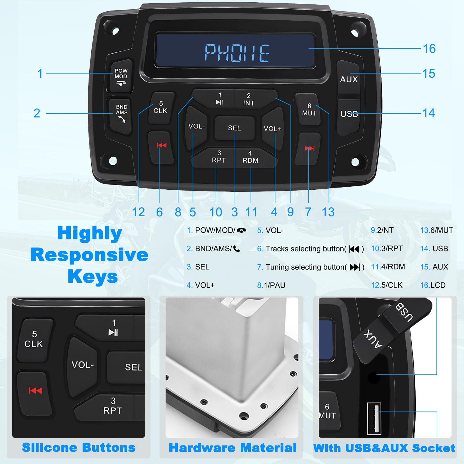 Geloo Geloo Marine Radio Receiver Waterproof Boat Stereo Radio System with AUX-in Subwoofer Pre-Amp EQ, AM/FM Radio Receiver Digital Media MP3 Player USB Input for Motorcycle Boat Golf Cart Truck