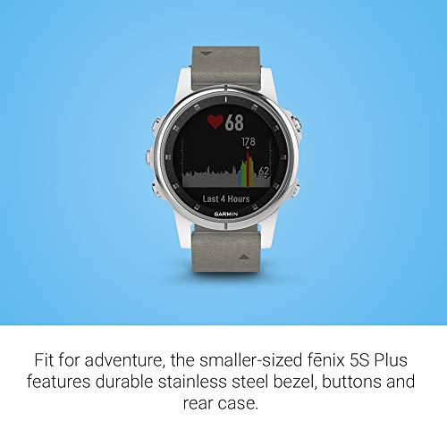 Garmin Garmin fenix 5S Plus, Smaller-Sized Multisport GPS Smartwatch, Features Color Topo Maps, Heart Rate Monitoring, Music Contactless Payment, Silver/White with Gray Suede Band