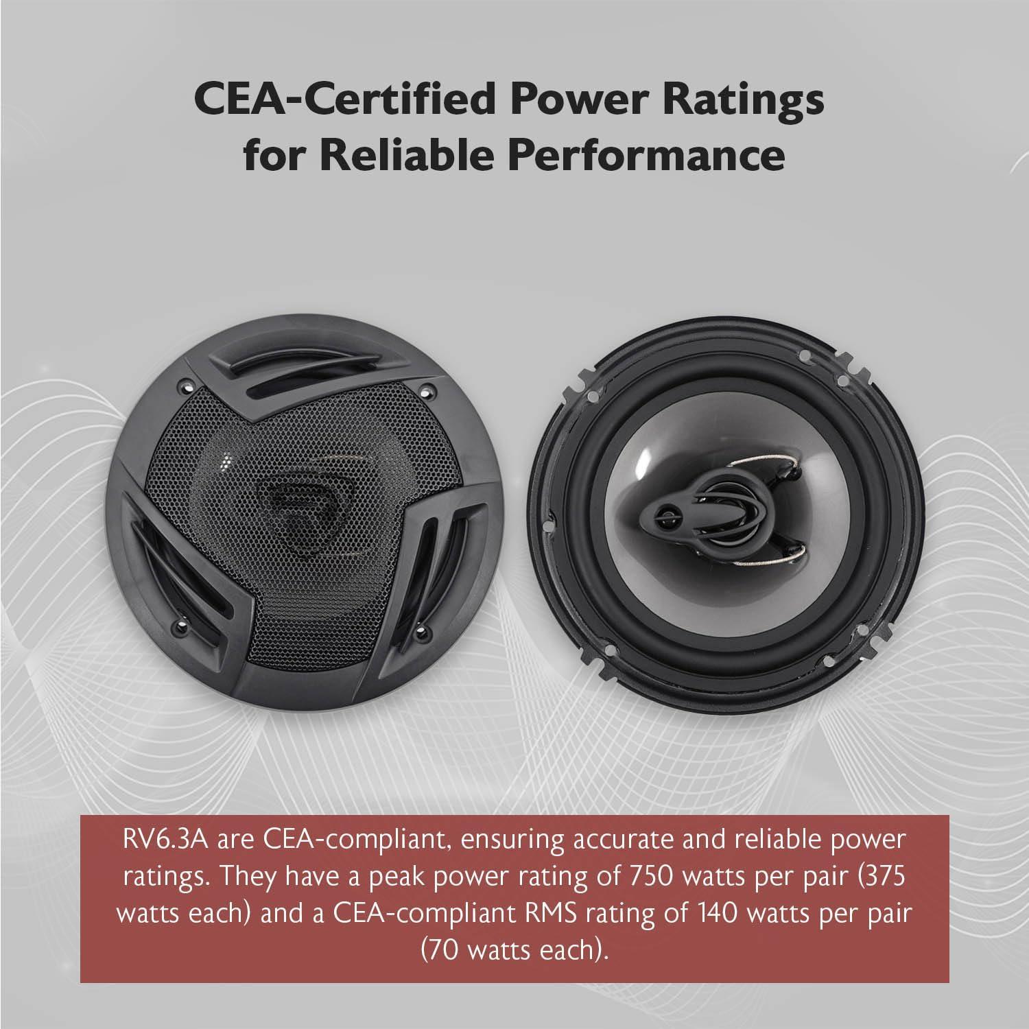 Rockville Rockville RV6.3A 6.5\" 3-Way Car Speakers, 750W, 4 Ohm, Polypropylene Woofer, Butyl Rubber Surround, With Grilles, CEA Compliant, Perfect for Car Audio