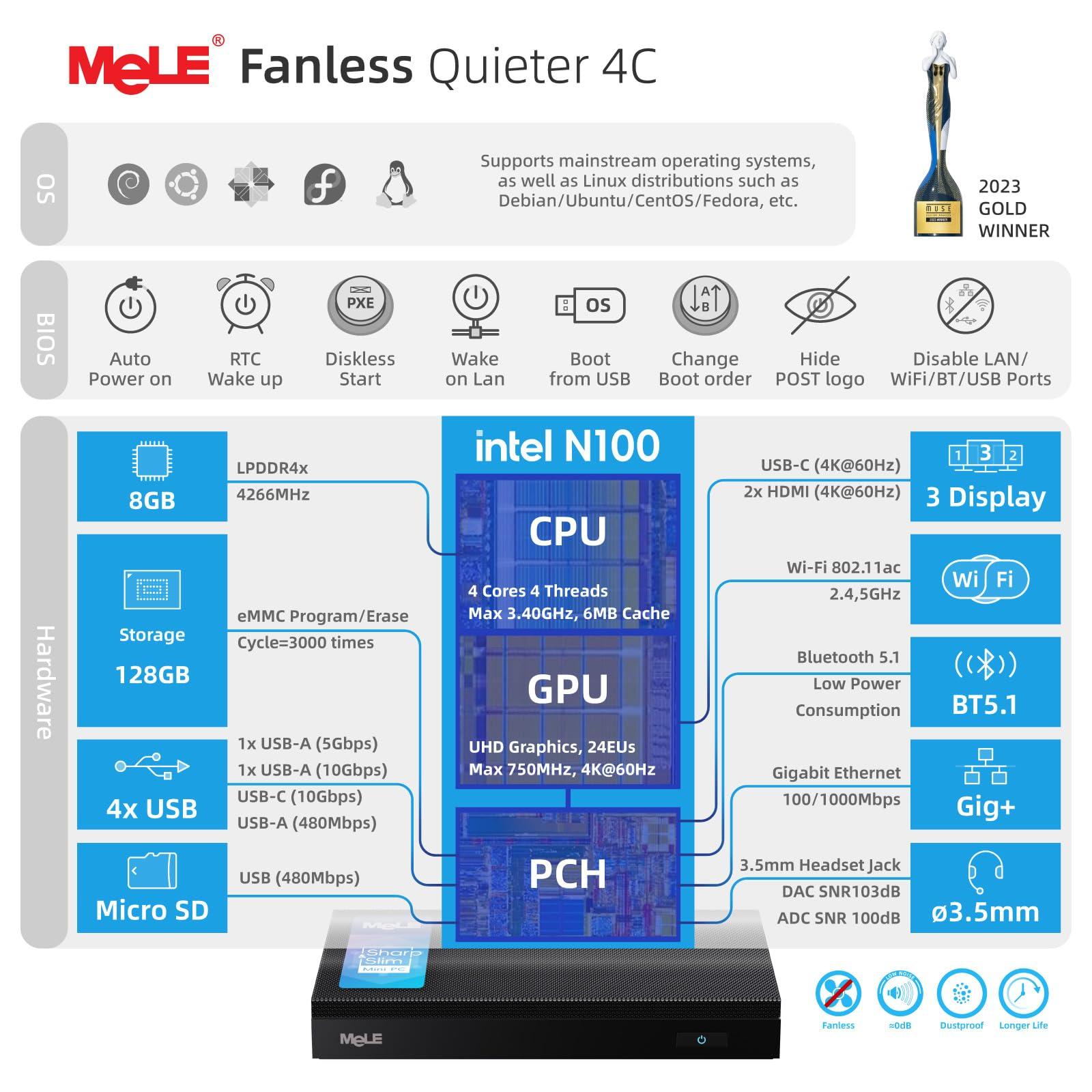 MeLE MeLE Mini PC Quieter 4C - 12th Gen N100, Fanless PC, 8GB Memory, 128GB Storage, 2.4/5G Wi-Fi, Full-Functional USB-C, 4K Triple Display Desktop PC on Home, Office, Education, Astrophotography