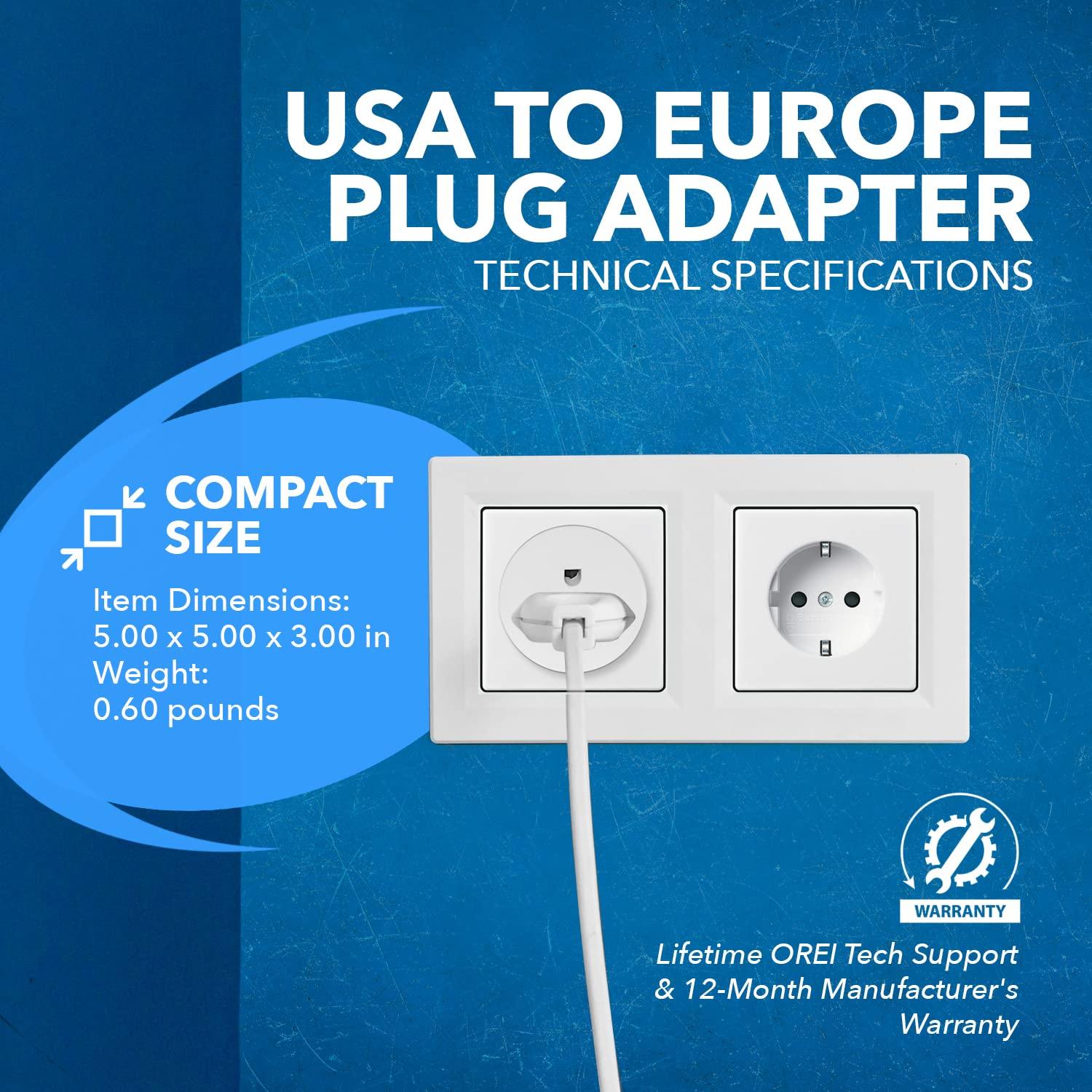 OREI OREI American USA To European plug adapter Type E/F schuko plug adapter - Use in Germany, France, & more - CE Certified For Mobile, Laptop & Camera Chargers - 2 Pack
