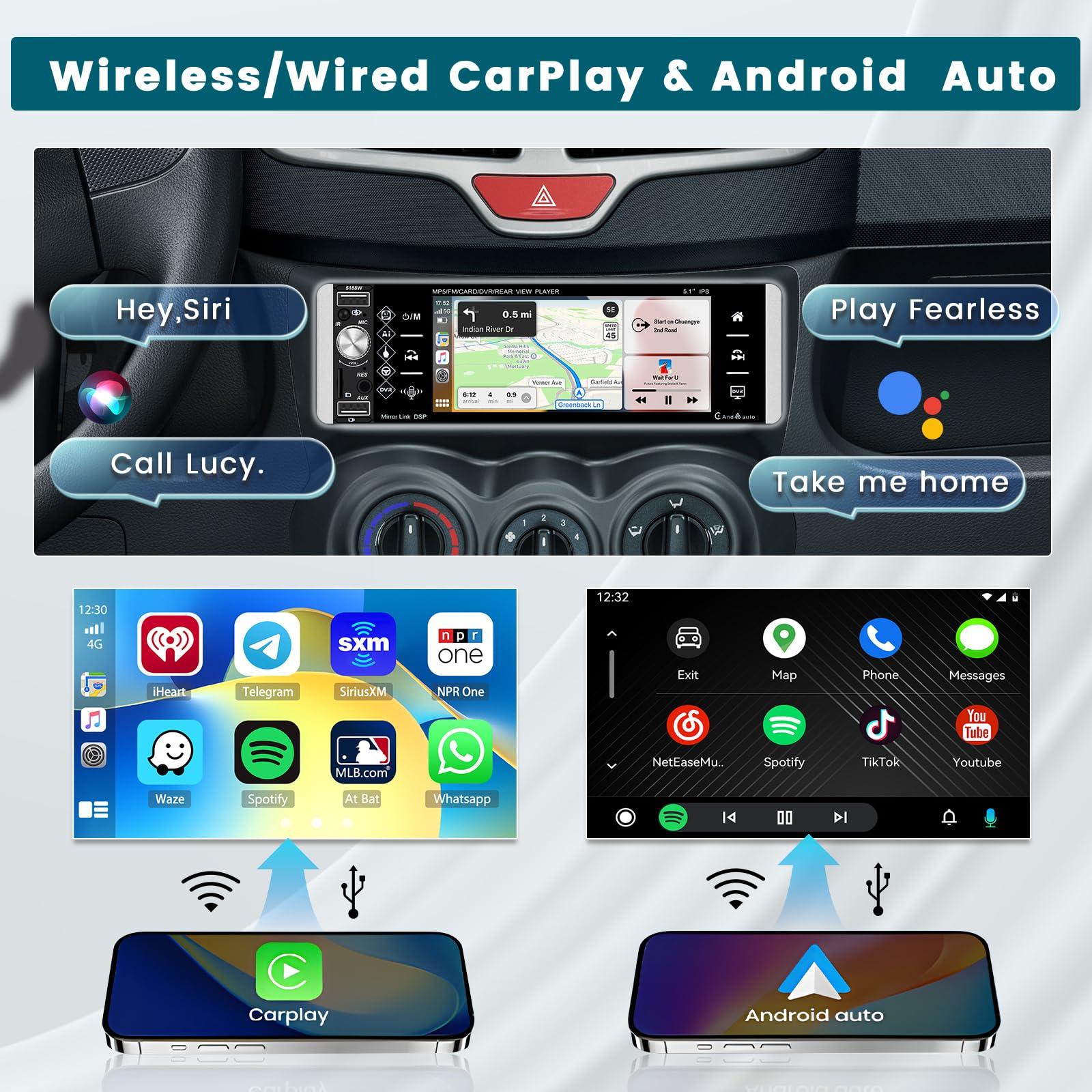 Hikity Hikity 5.1 Inch Car Stereo with Wireless Apple Carplay Android Auto, Single Din Touch Screen Car Radio with Bluetooth, Mirror Link AM FM EQ SWC, Car Audio Receiver with USB/TF/AUX-in, Mic, Backup Cam