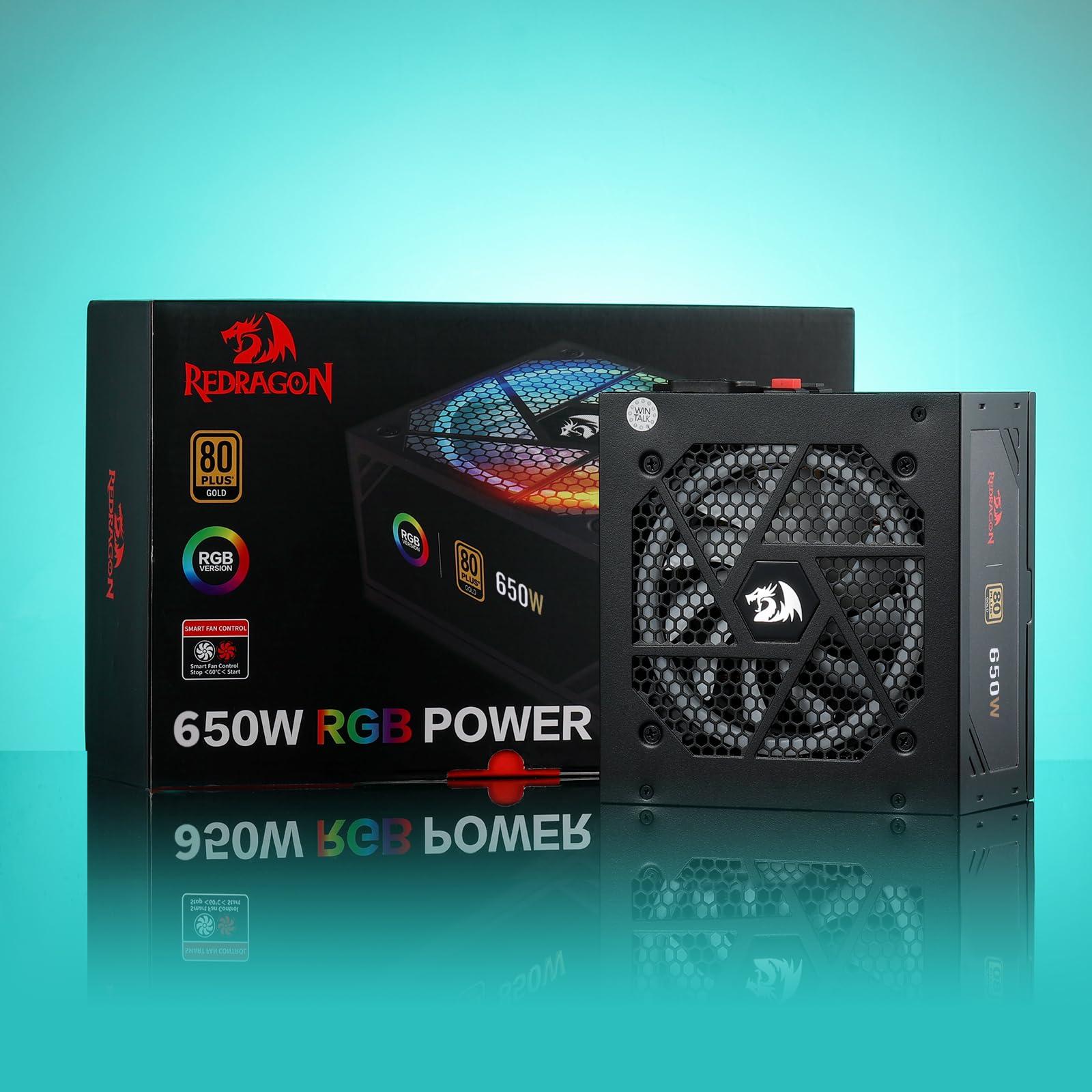Redragon Redragon RGPS-650W 80+ Gold 650 Watt ATX Fully Modular Power Supply w/ 80 Plus Gold Certified, Compact 160mm Size & RGB Low Noise Smart-ECO 0 RPM Fan, 100% Japanese Capacitors, Full Mod Cables, Black