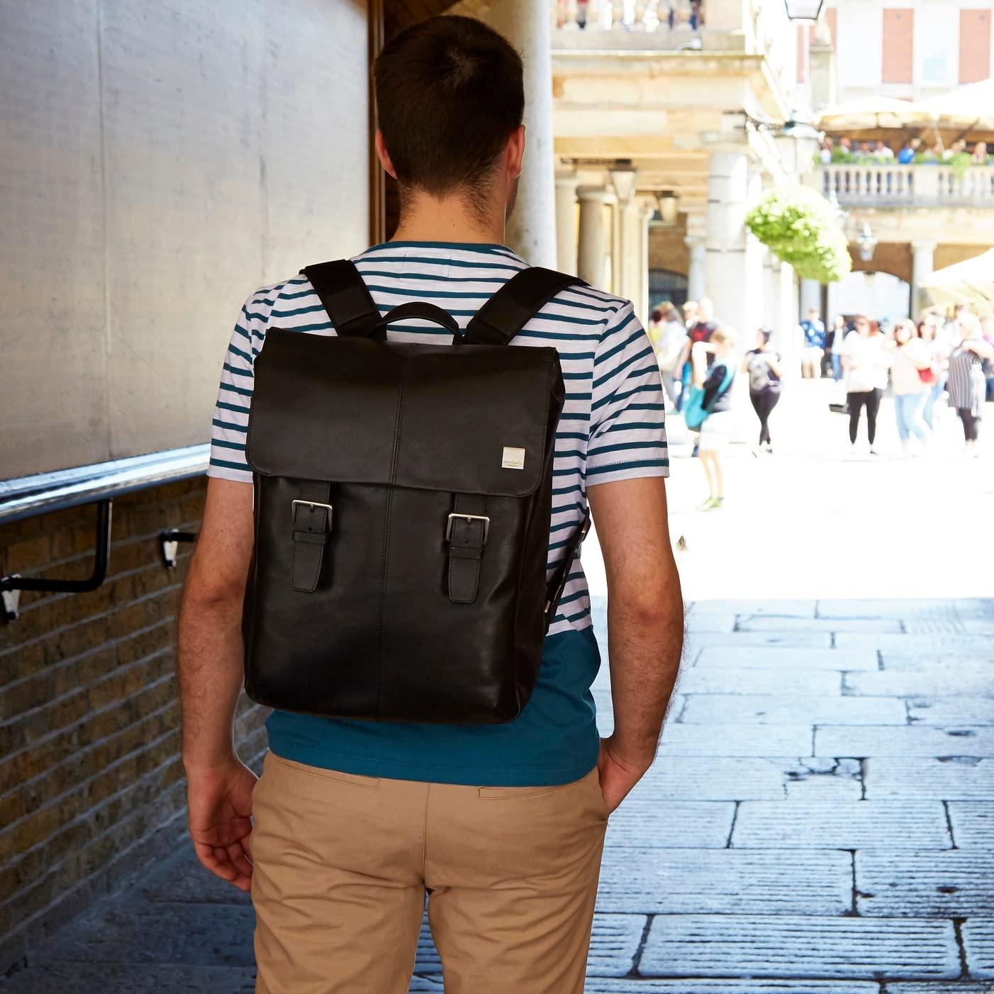 KNOMO KNOMO Hudson Large Leather 16 inch Laptop Business Backpack for Work Computer Travel Bag Daypack Bag with Flap, Black