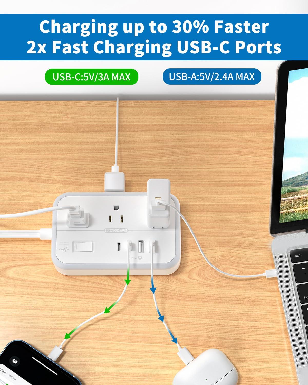 NTONPOWER Flat Extension Cord 25 ft, NTONPOWER Surge Protector Power Strip with 6 Outlets 4 USB Ports(2 USB C),Flat Plug, Multiple Outlets, Mounted, Outlet Extender, Overload Protection for Indoor, Home, Office