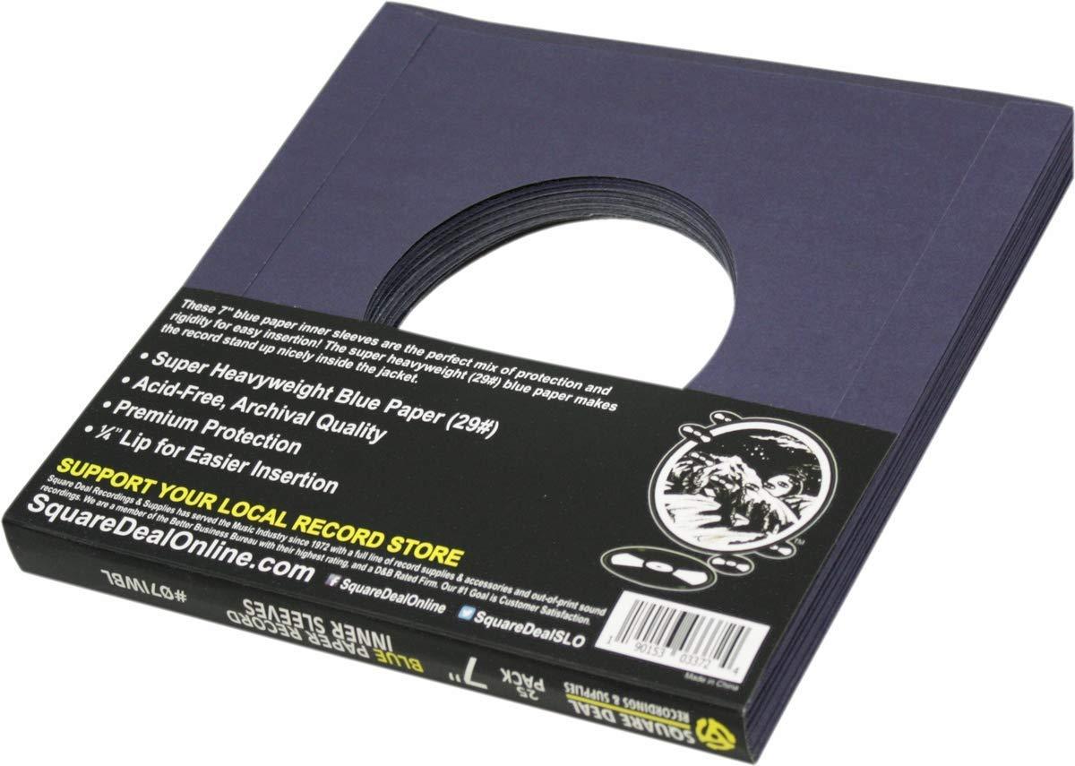 Square Deal Recordings & Supplies (100) 7" 45rpm Blue Vinyl Record Inner Sleeves - Archival Quality, Super Heavyweight 29# Paper with Hole - 07IWBL