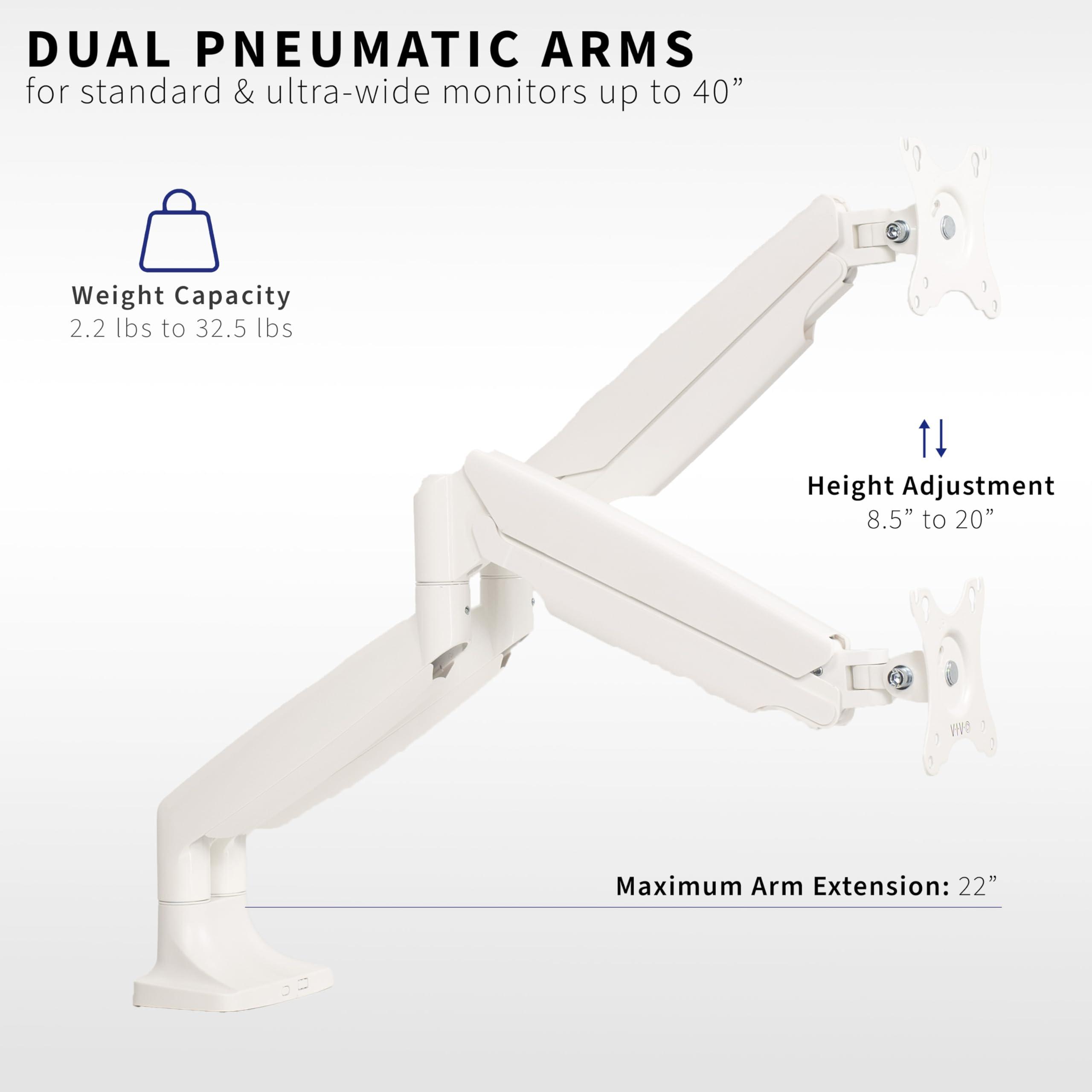 VIVO VIVO Premium Aluminum Heavy Duty Dual Monitor Arm for Ultrawide Monitors up to 40 inches and 32.5 lbs Each, Desk Mount Stand, Pneumatic Height, Max VESA 100x100, White, STAND-V202QW