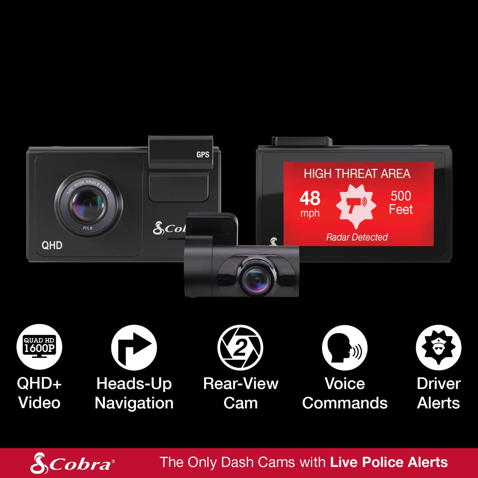 Cobra Cobra Smart Dash Cam + Rear Cam (SC 200D) QHD+ 1600P Resolution, Built-in Wi-Fi & GPS, Voice Commands, Live Police Alerts, Incident Reports, Emergency Mayday, Drive Smarter App, 16GB SD Card Incl.