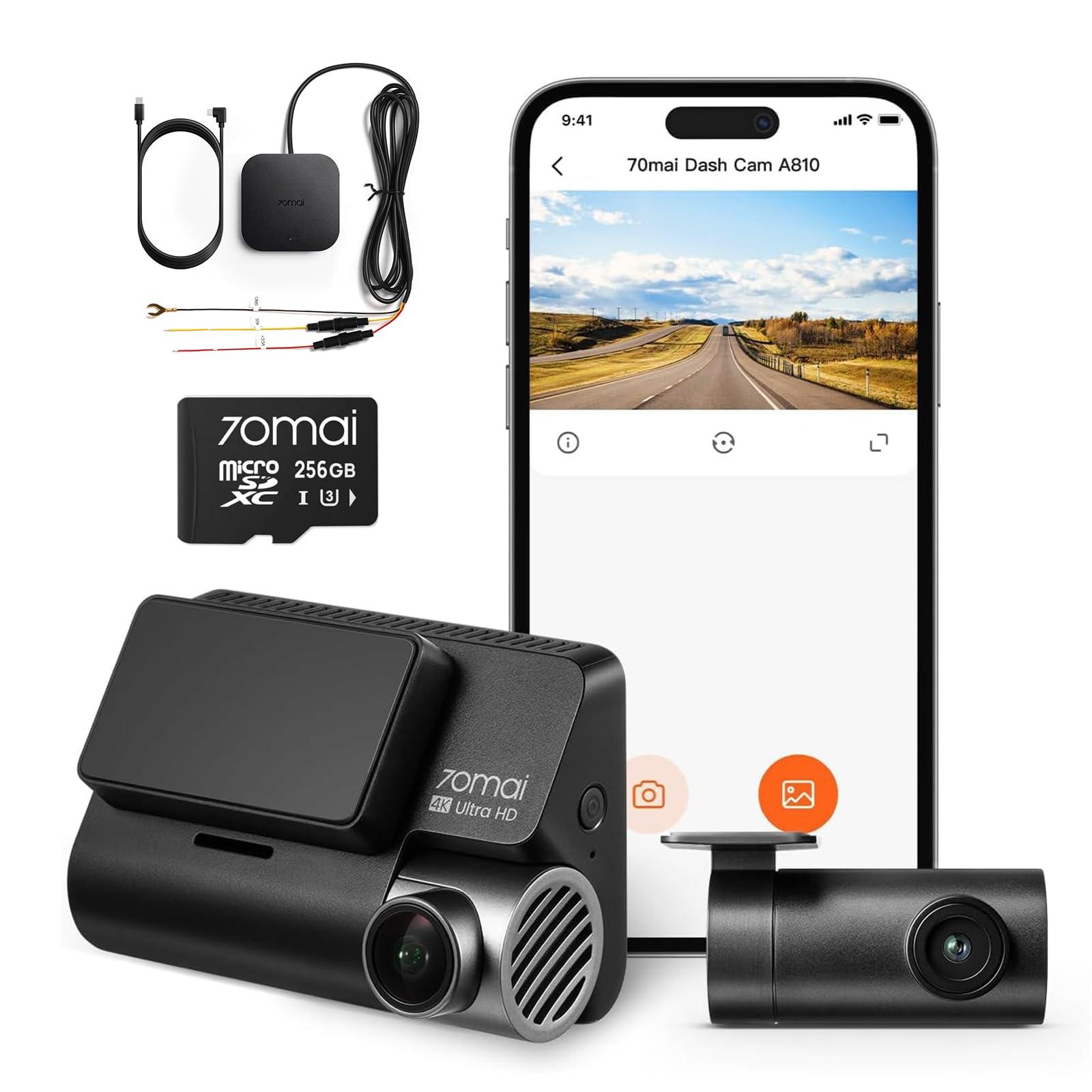 70mai A810 Dash Cam + 256GB Micro SD Card + UP05 Hardwire Kit 70mai 4K Dash Cam with Starvis 2 IMX678, Dual HDR Front and Rear Camera, Built in GPS&WiFi, Night Vision, Smart Parking Mode