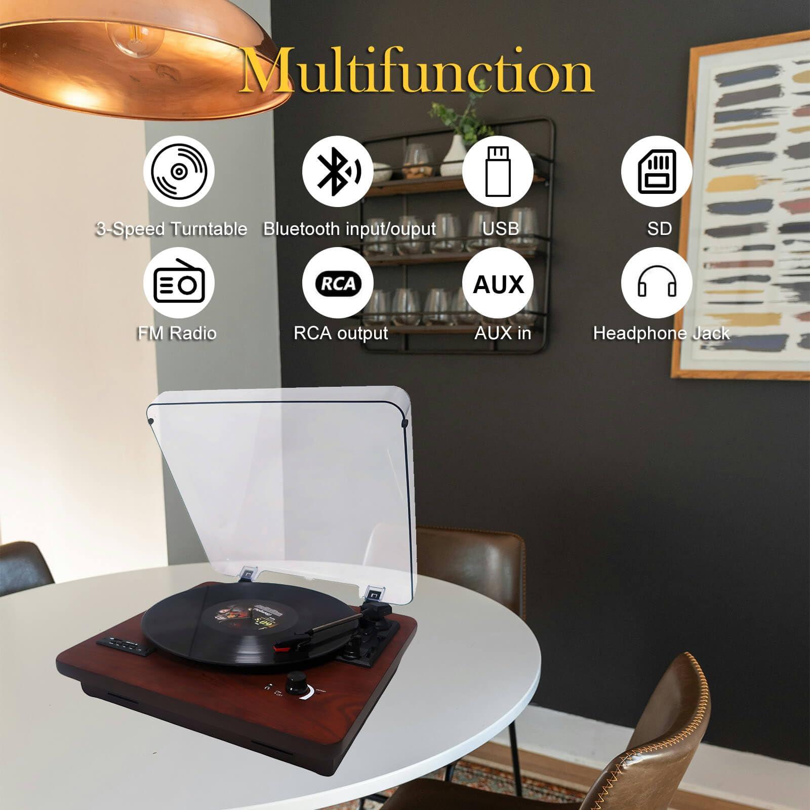 DLITIME Portable Record Player with Bluetooth Output/Input, USB/SD Play and Recording, FM Radio, 3-Speed Vintage Turntable with Speakers, AUX in, RCA Line Out, Earphone Jack, Dust Cover