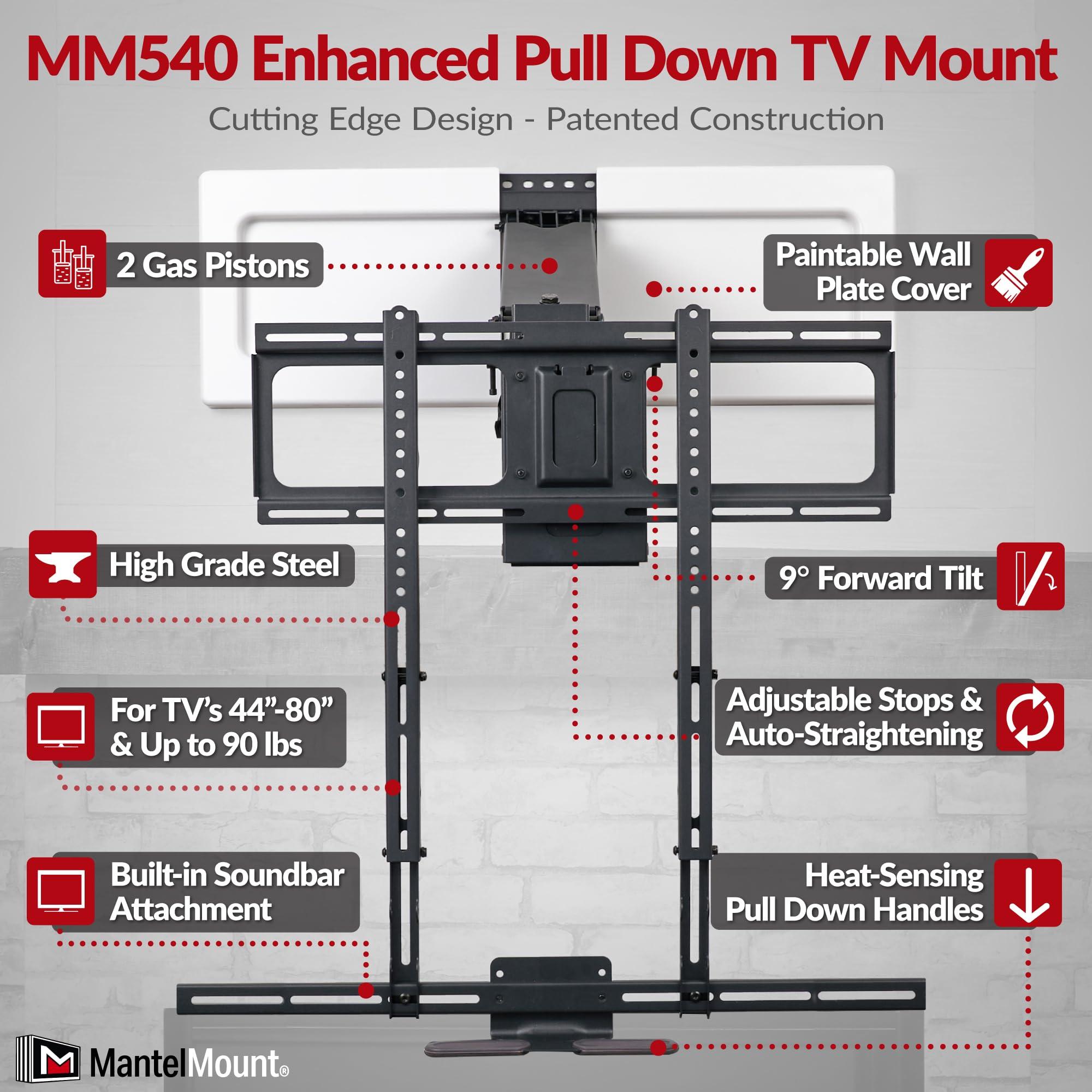 MantelMount MantelMount MM540 - Above Fireplace Pull Down TV Mount for 40" to 80" Screen TVs to 90 lbs, with Patented auto-straightening, Adjustable Stops, Heat Sensor Handles & Paintable Covers