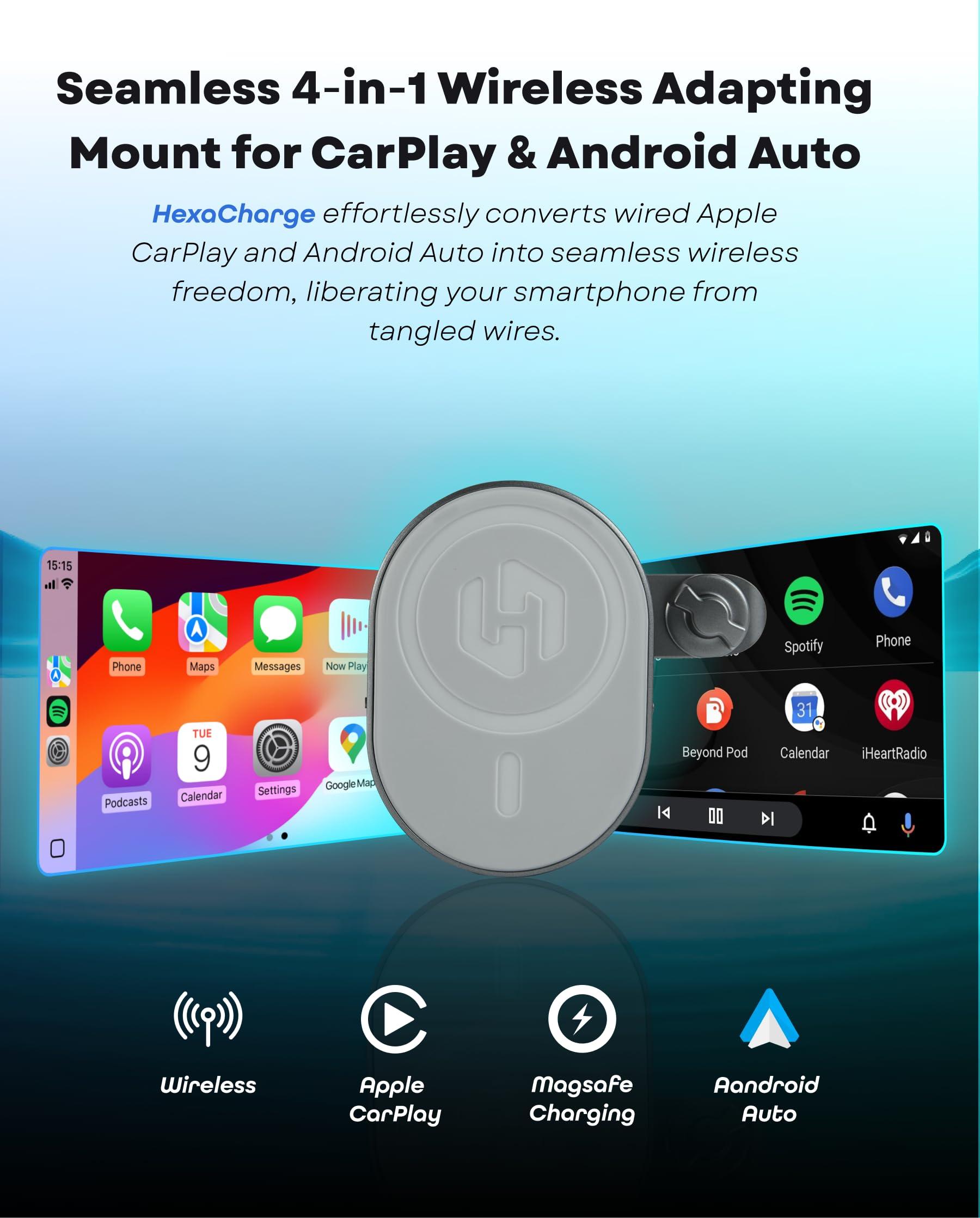 Malinto HexaCharge 3-in-1 Wireless Carplay Adapter 2024 & Magnetic Wireless Charging for iPhone and Android, Convert Wired to Wireless CarPlay and MagSafe Charging