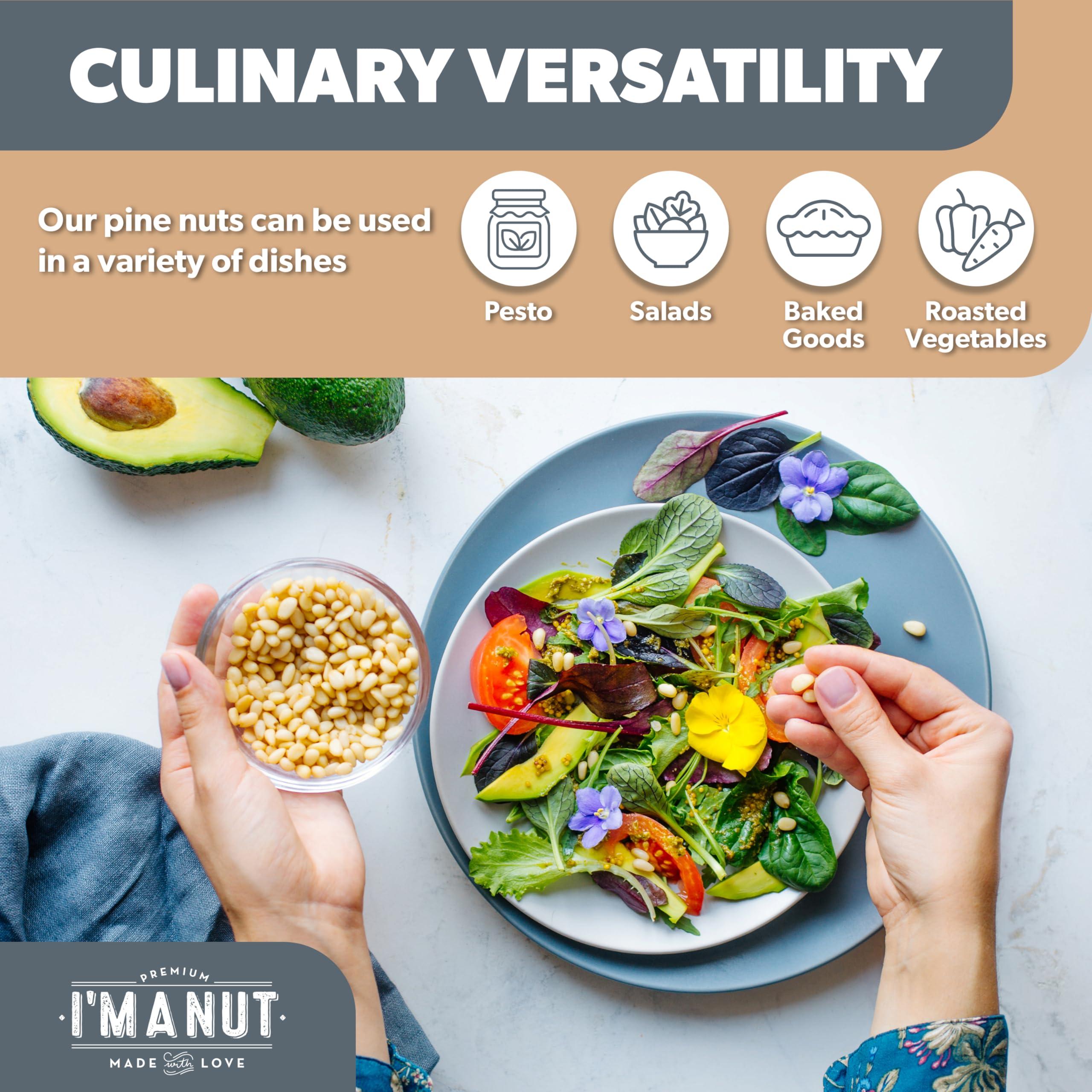 I\'m A Nut Premium Raw Pine Nuts 48oz (3 lbs.) Non-GMO, No Additives Batch Tested Gluten & Peanut Free, Resealable Pouch for Freshness, Unsalted Pine Nuts - Perfect for Pesto, Salads, Gourmet Cooking and Baking