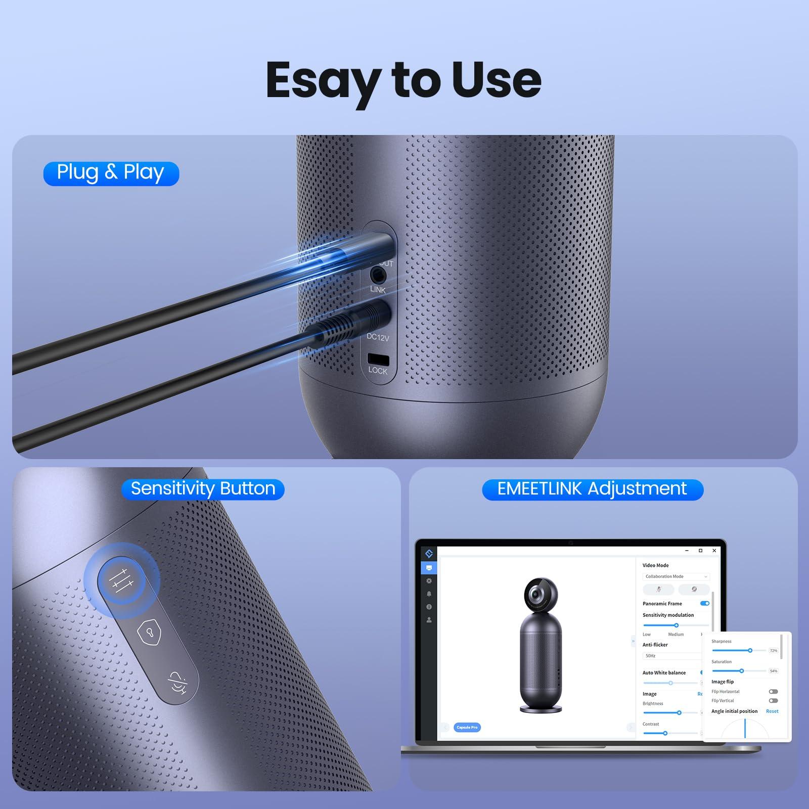 EMEET EMEET Meeting Capsule Pro, Dual 4K Lenses 360 Auto-Tracking Speakers Video Conference Camera w/ 10 Mics 10W Speaker, AI auto Voice/Face/Figure Tracked, for 10 People