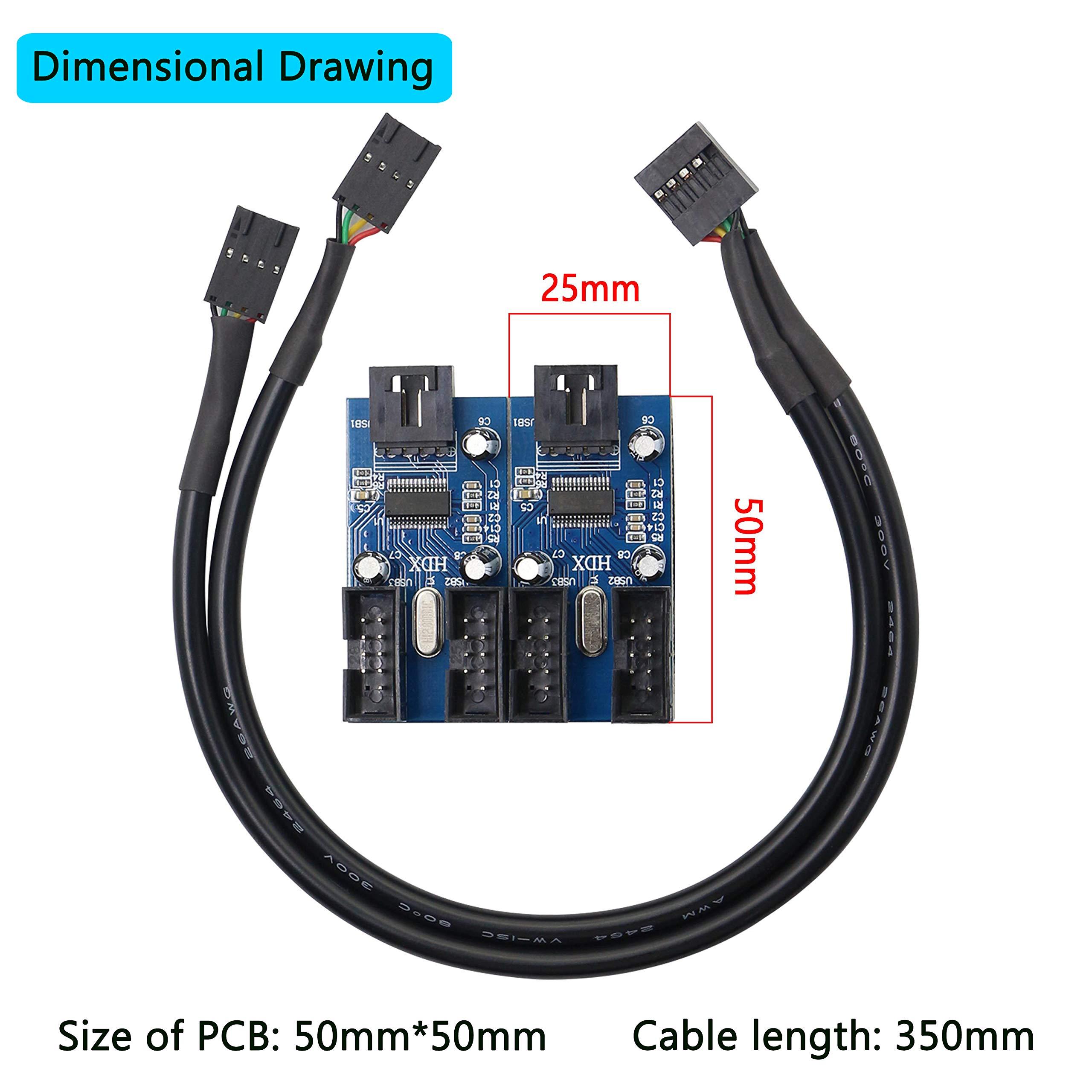 XMSJSIY Motherboard USB 9 Pin Header Hub Male 1 to 2/4 Female USB 2.0 Splitter Extension Cable, USB 9-pin Internal Cable 9 pin Connector Adapter for Port Multiplier (35cm)