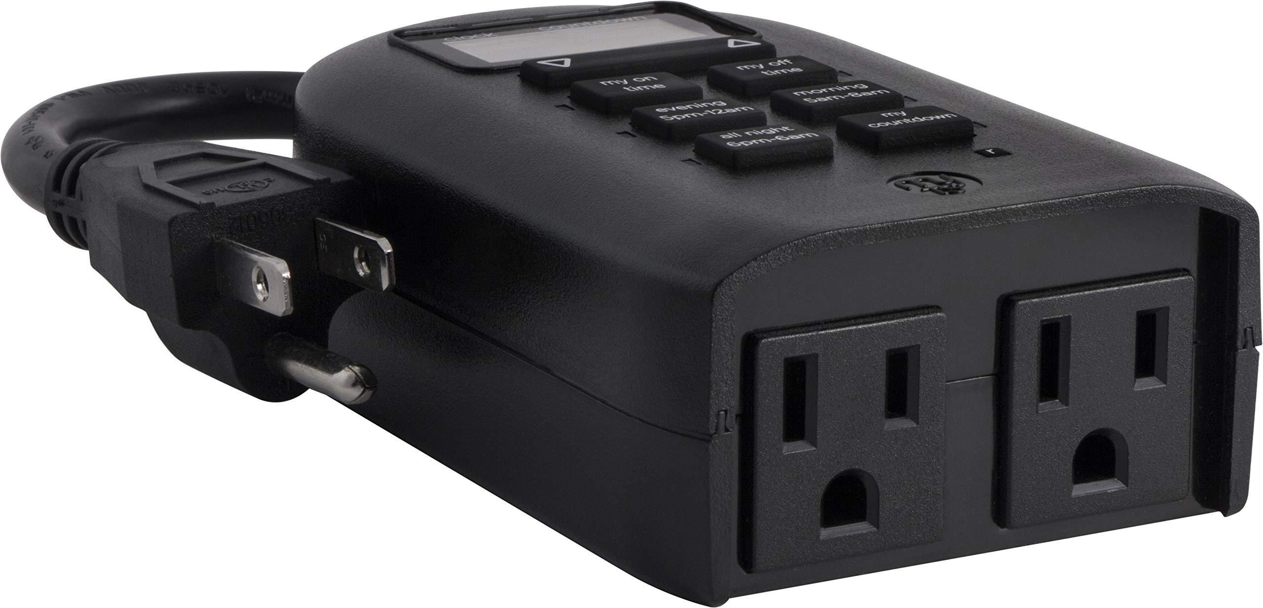 myTouchSmart myTouchSmart Outlet Timer, Dual Plug-in Digital Timer Outlet, Simple Programmable Outlet Timer, Indoor/Oudoor Countdown Timer, Weather Resistant, Seasonal Light Timer, Black, 1 Pack, 26898-P2