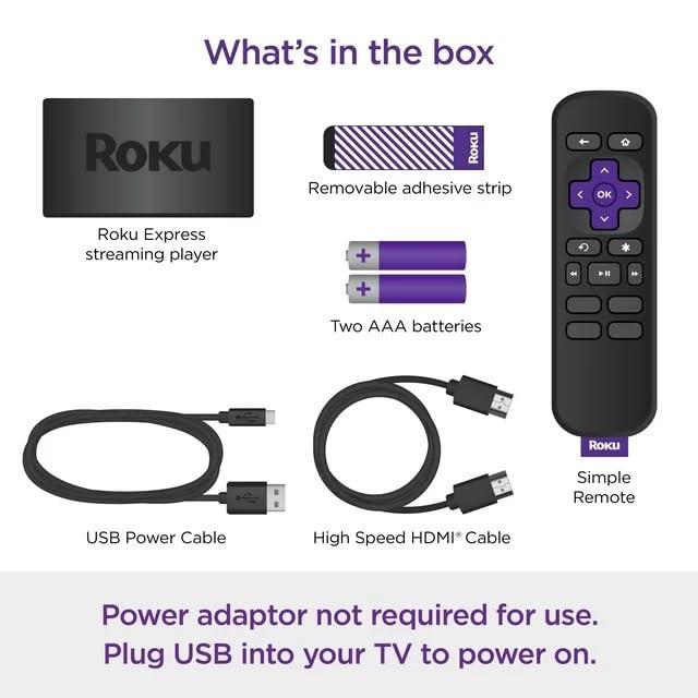 Roku Roku Express HD Streaming Device, with High-Speed HDMI Cable and Simple Remote (no TV Controls), Guided Setup, Fast Wi-Fi, with MTC HDMI Cable and USB Extension Cord, Black