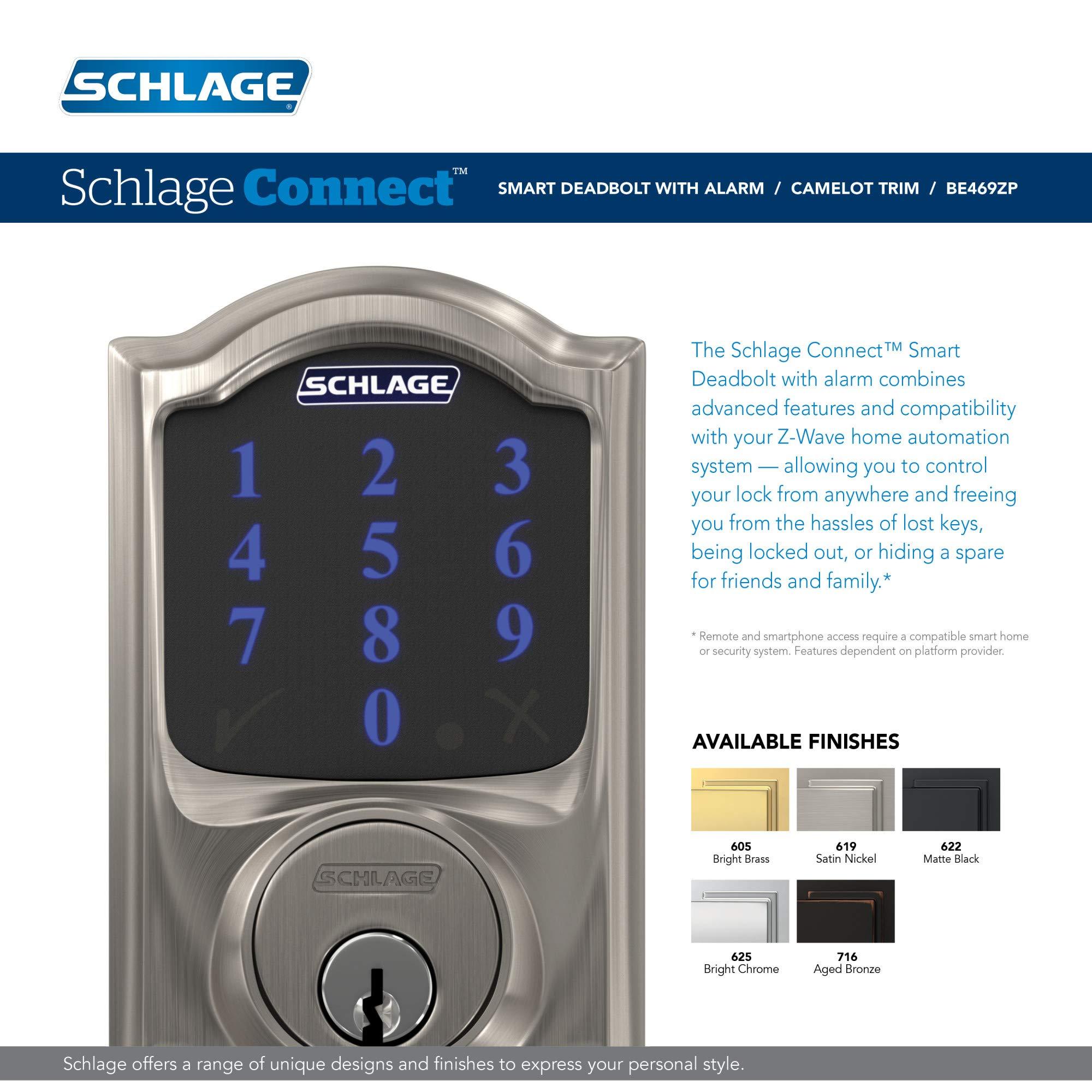 SCHLAGE SCHLAGE BE469NX Camelot Electronic Touchscreen Deadbolt C Keyway with 12344 Latch 10116 Strike Bright Brass Finish