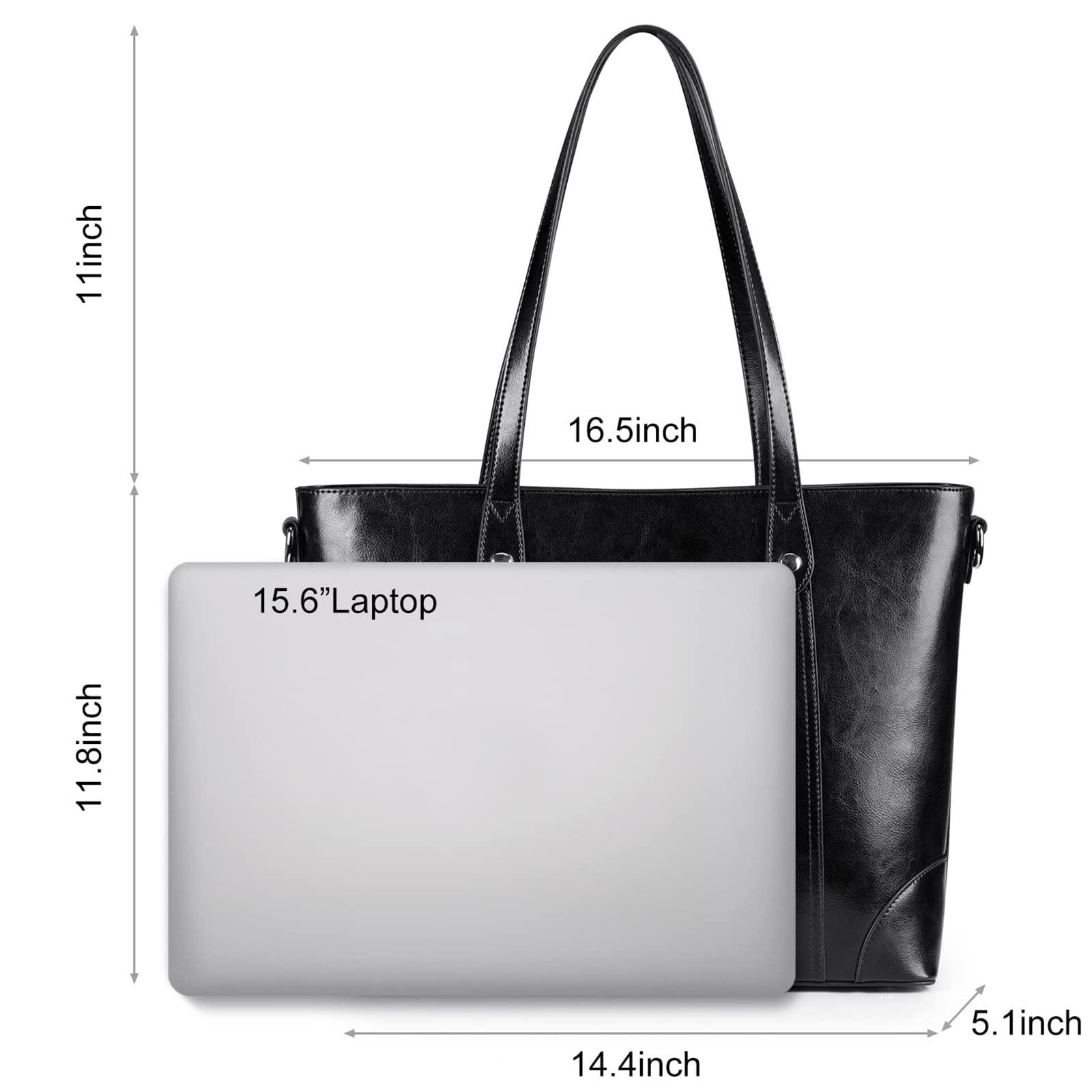 S-ZONE S-ZONE Leather Tote Bag for Women Office Shoulder Handbag 15.6 Inch Work Laptop Briefcase (Black)