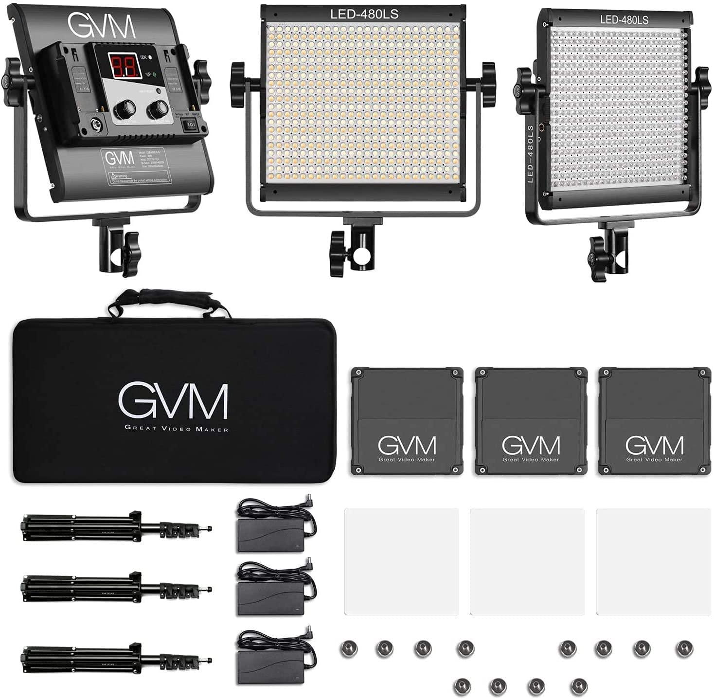 GVM Great Video Maker GVM 3 Pack LED Video Lighting Kits with APP Control, Bi-Color Variable 2300K~6800K with Digital Display Brightness of 10~100% for Video Photography, CRI97+ TLCI97 Led Video Light Panel +Barndoor