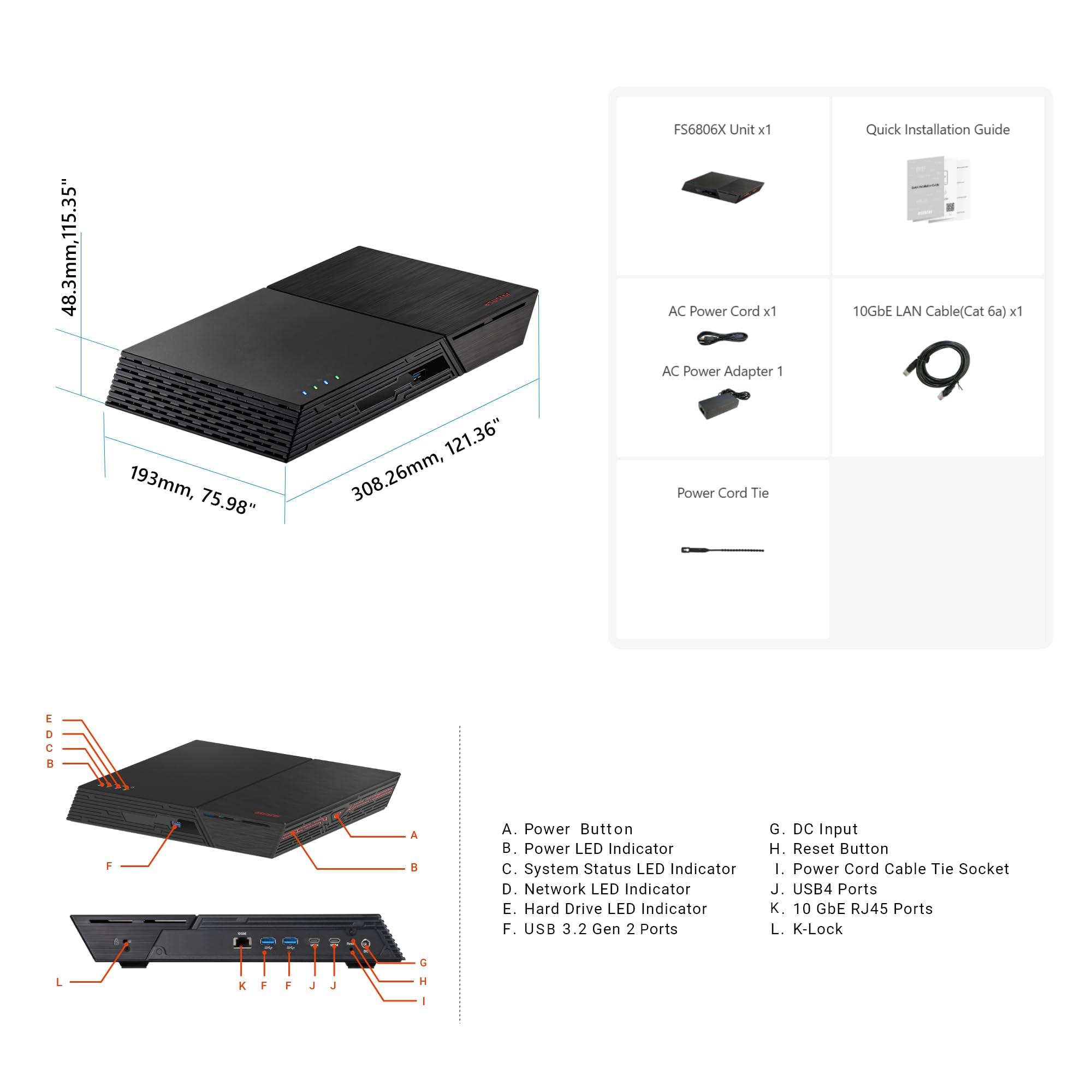 Asustor Asustor FLASHSTOR 6 Gen2 FS6806X, 6 Bay All M.2 SSD NAS Storage, AMD Ryzen Quad Core 2.3GHz, 8GB RAM DDR5, 6 M.2 SSD Slots, 10GbE Port, USB4 Type-C, Network Attached Storage (Diskless)