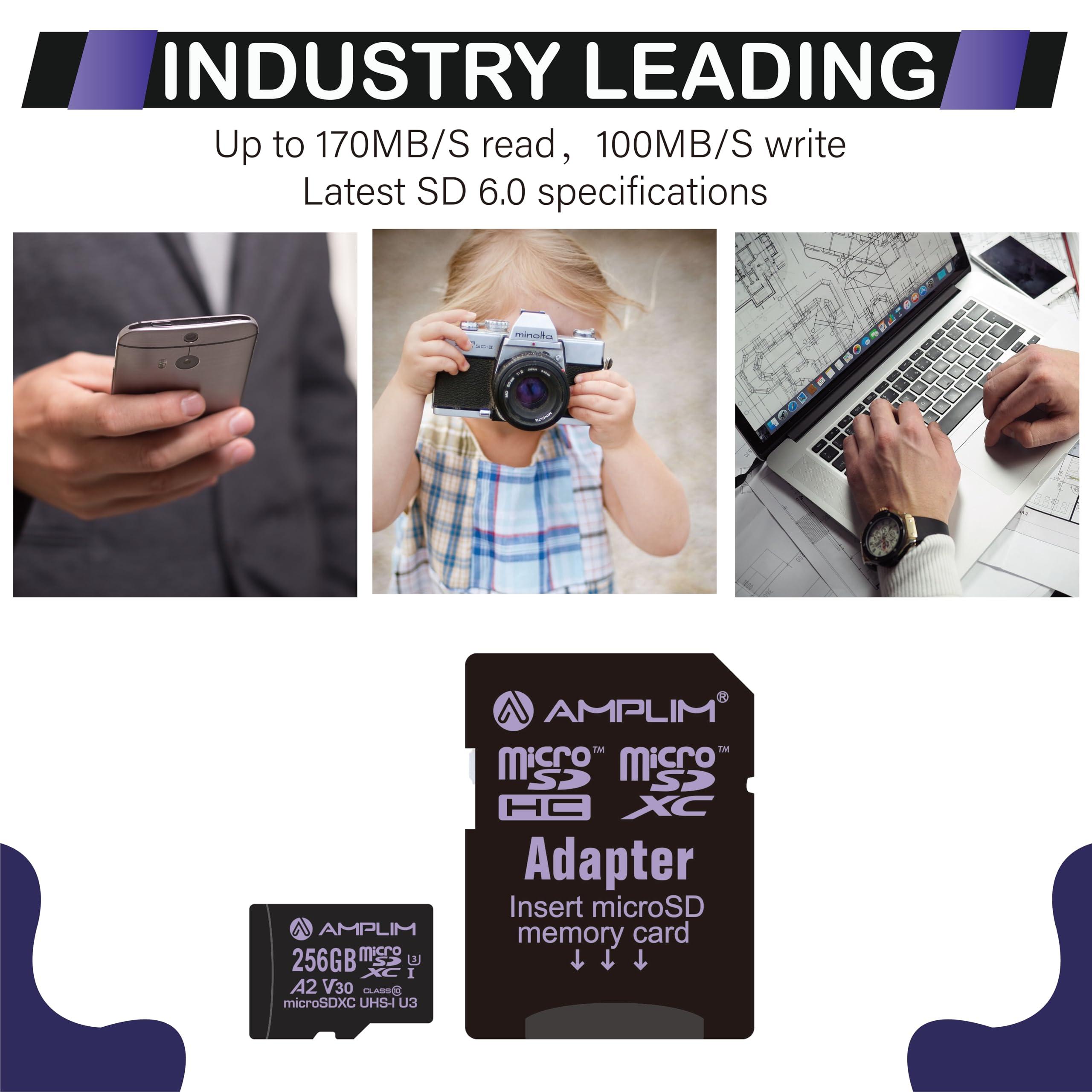 Amplim Amplim Micro SD Card 256GB | MicroSD Memory Plus Adapter | Extreme High Speed 170MB/S A2 MicroSDXC U3 Class 10 V30 UHS-I for Nintendo, GoPro Hero, Surface, Phone, Camera Cam, Tablet
