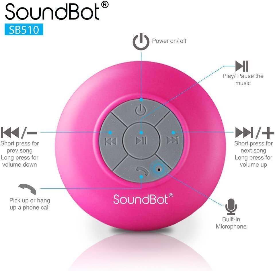 Soundbot Soundbot SB510 HD Water Resistant Bluetooth Shower Speaker, Handsfree Portable Speakerphone with Built-in Mic, 6hrs of Playtime, Control Buttons and Dedicated Suction Cup for Showers (Pink)