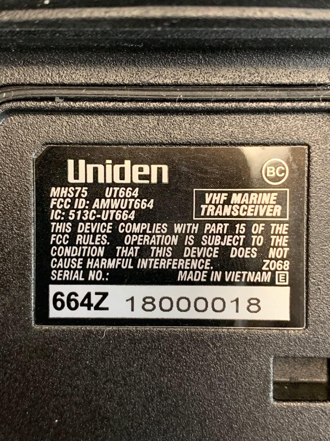 Uniden Uniden MHS75 Waterproof Handheld 2-Way VHF Marine radio, Submersible, Selectable 1/2.5/5 Watt Transmit Power. All USA/International and Canadian Marine Channels - Color Black