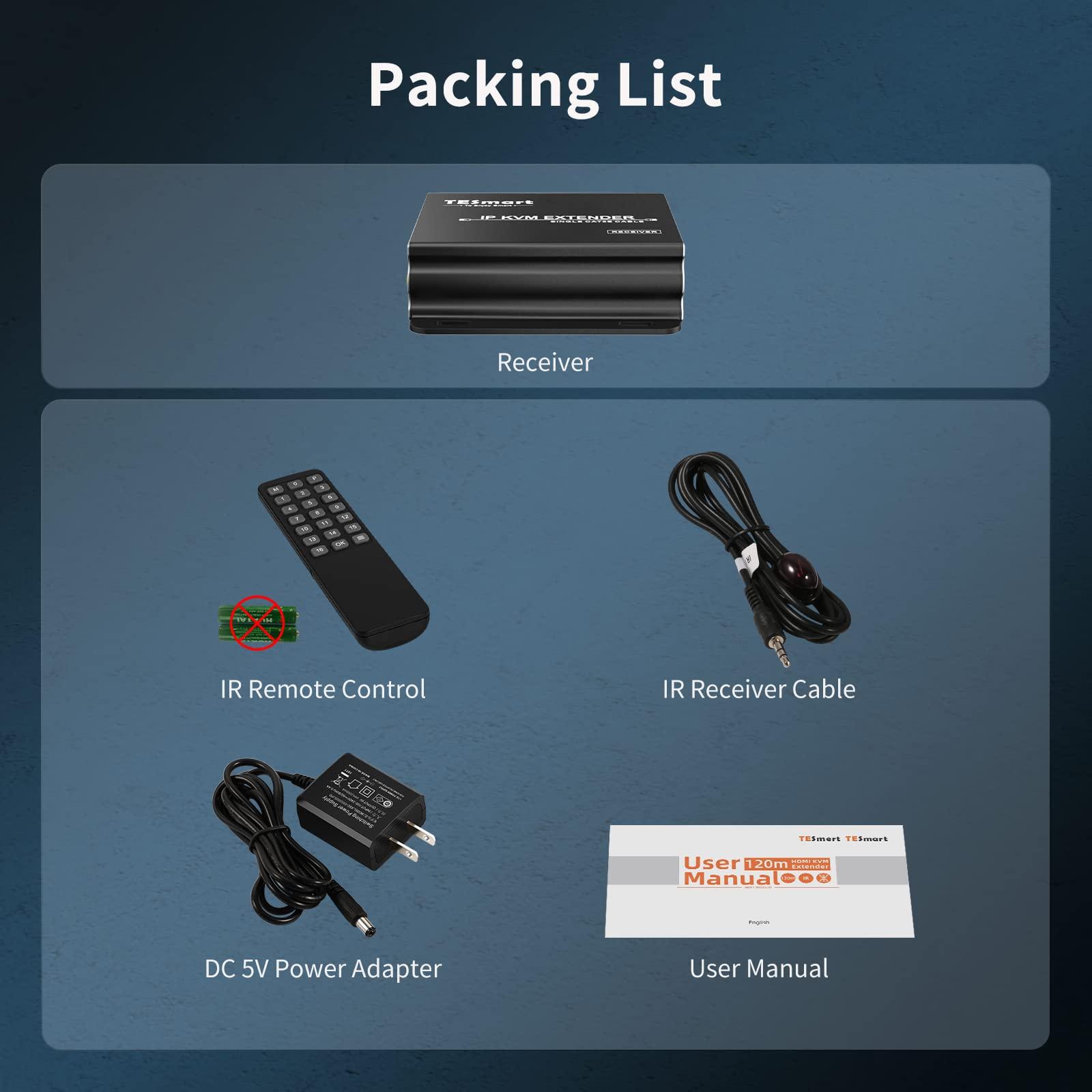 TESmart TESmart Stable HDMI KVM Extender Multipoint to Multipoint 1080P 60Hz Over Single Cat5e/6 Cable Up to 120m/393ft, Remote Control, IR Pass Through (Receiver Only) Black