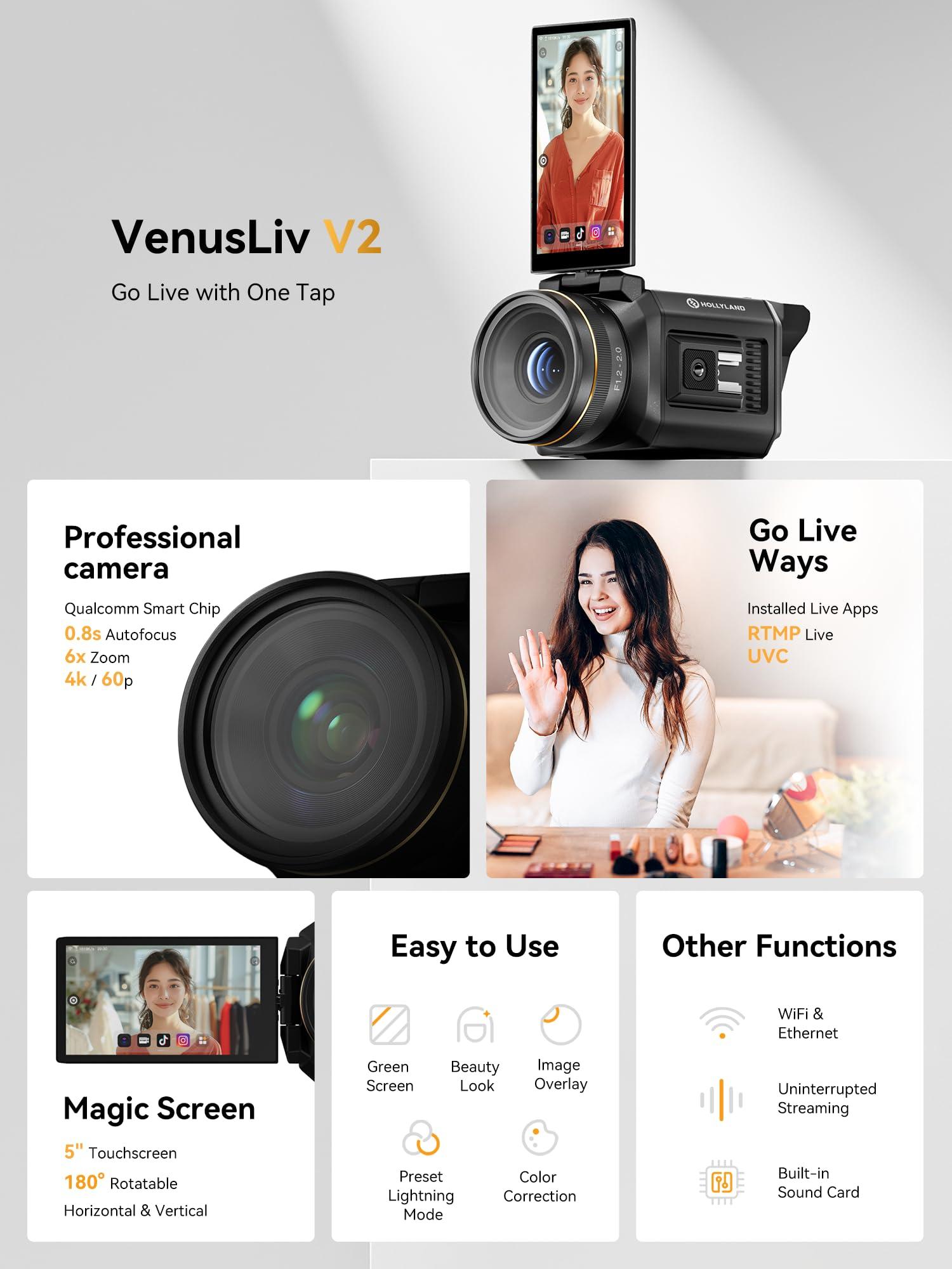 HollyView Hollyland VenusLiv V2 Wireless Live Streaming Camera, 4K30p/RTMP/USB-C/HDMI Video Output, Stream LAN/Wi-Fi, for Built-in Installed Tiktok/YouTube/Facebook/Twitch/Online Course Teaching Live Streaming