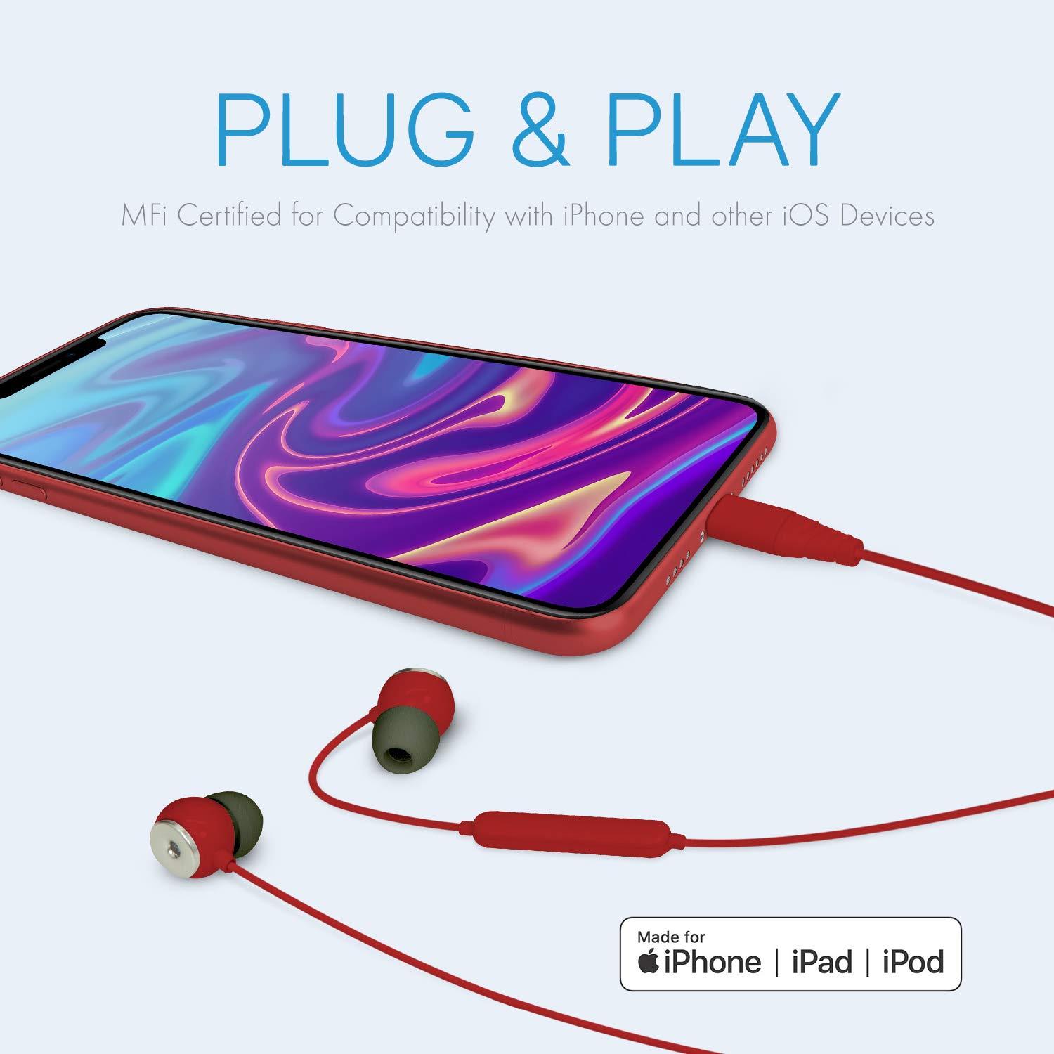 Realm Realm Lightning Earbuds Apple MFi Certified Headphones, in-Ear Headphones with Lightning Connector, Built-in Microphone, Hands-Free Calling and Track Controls, Red