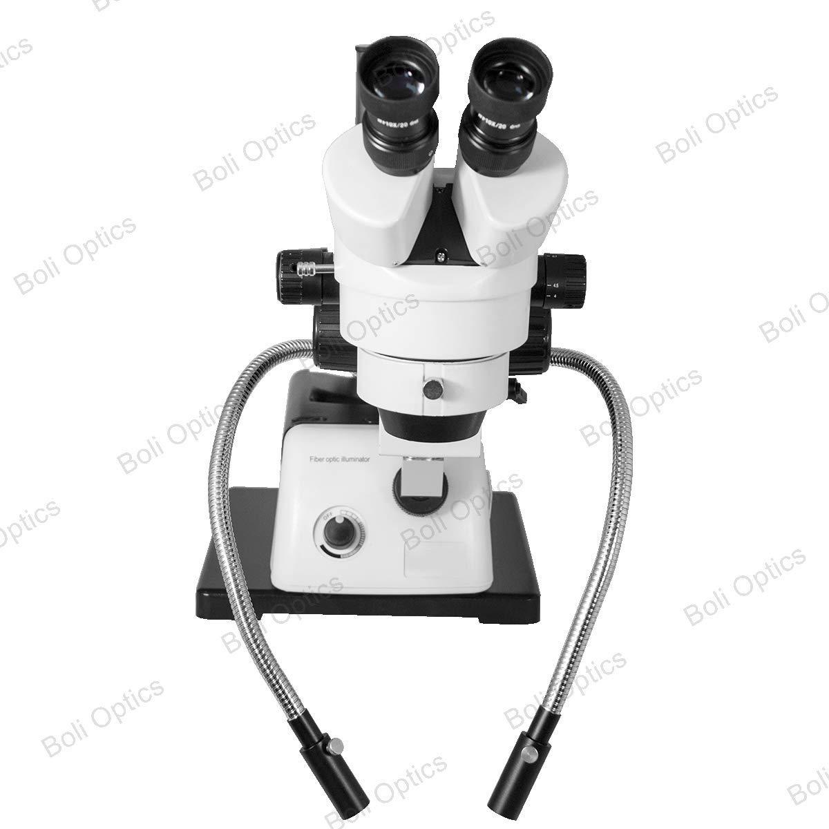 BoliOptics 7X-45X Binocular Zoom Stereo Microscope Dual Gooseneck Dual Fiber Optic Light Box Boom Stand Professional Industrial 76mm Focus Rack SZ02010423 BoliOptics