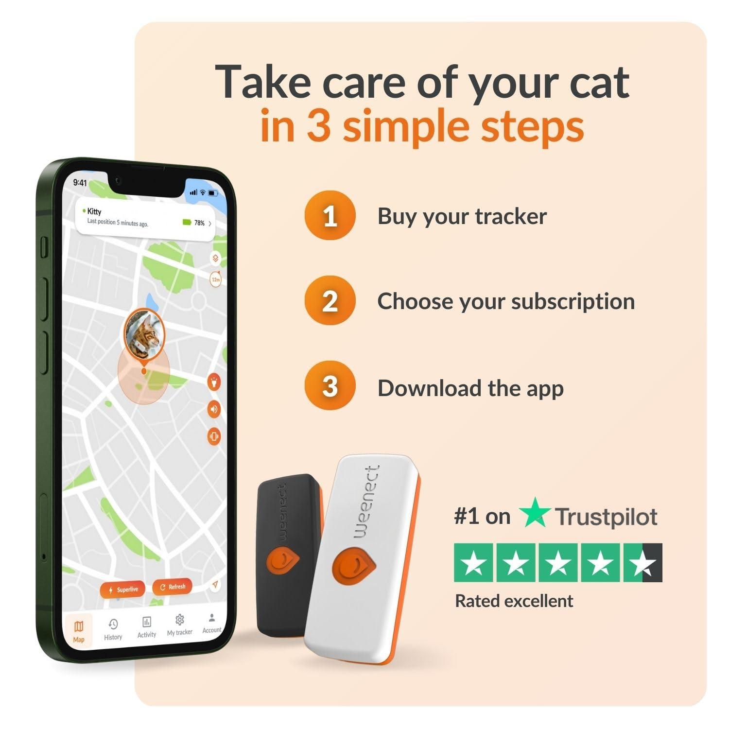 Weenect Weenect Cat XS - New GPS Tracker for Cats | Real-time Mini GPS Tracker for Cats | Smallest Model on The Market | Collar Included | Including Free 3 Months Subscription