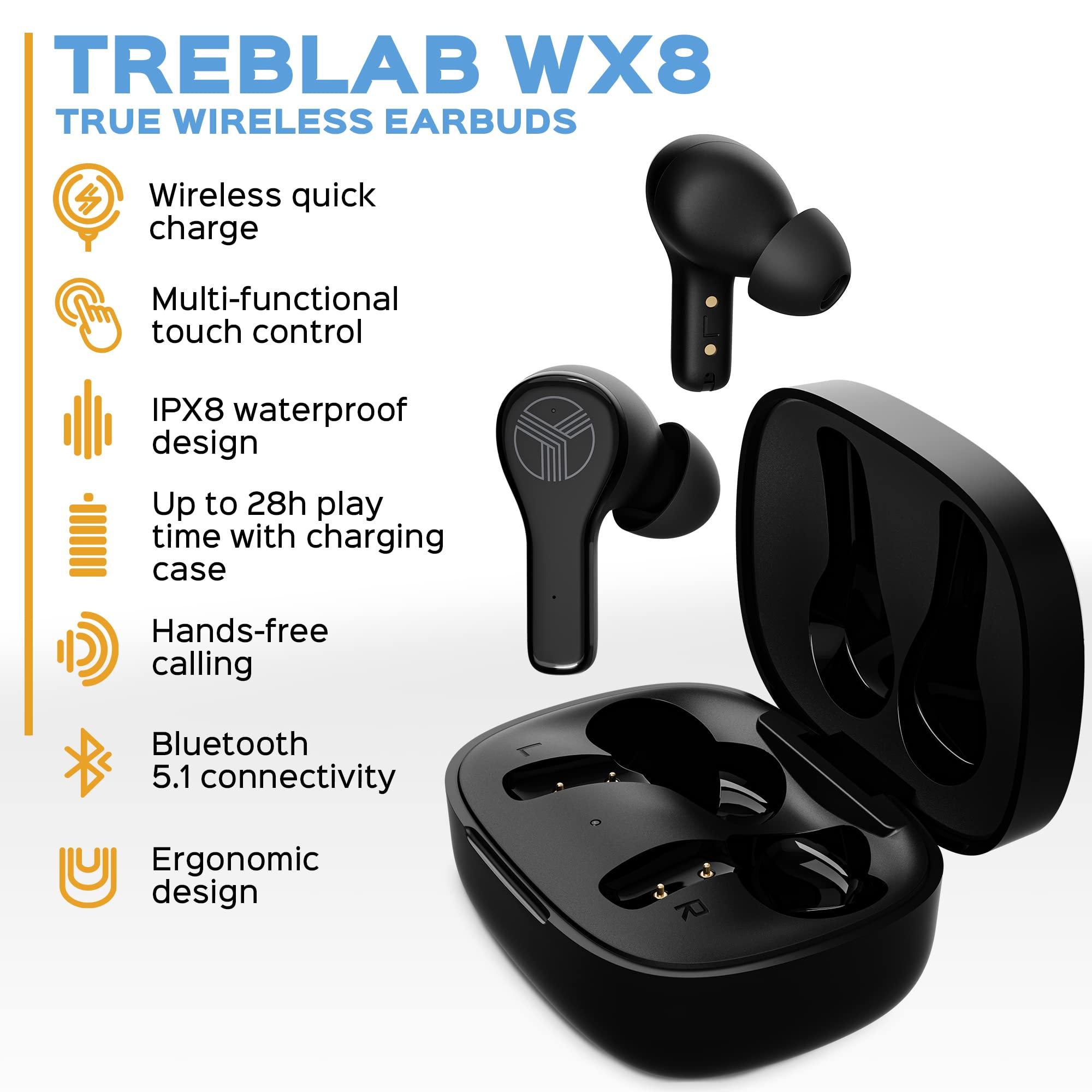TREBLAB Treblab WX8 - True Wireless Earbuds with Pure Sound, Soft Silicone Ear Buds, IPX8 Waterproof, 28H Play, Wireless Charging, Noise Reduction Touch Control, In-Ear Bluetooth Headphones for Sports Running