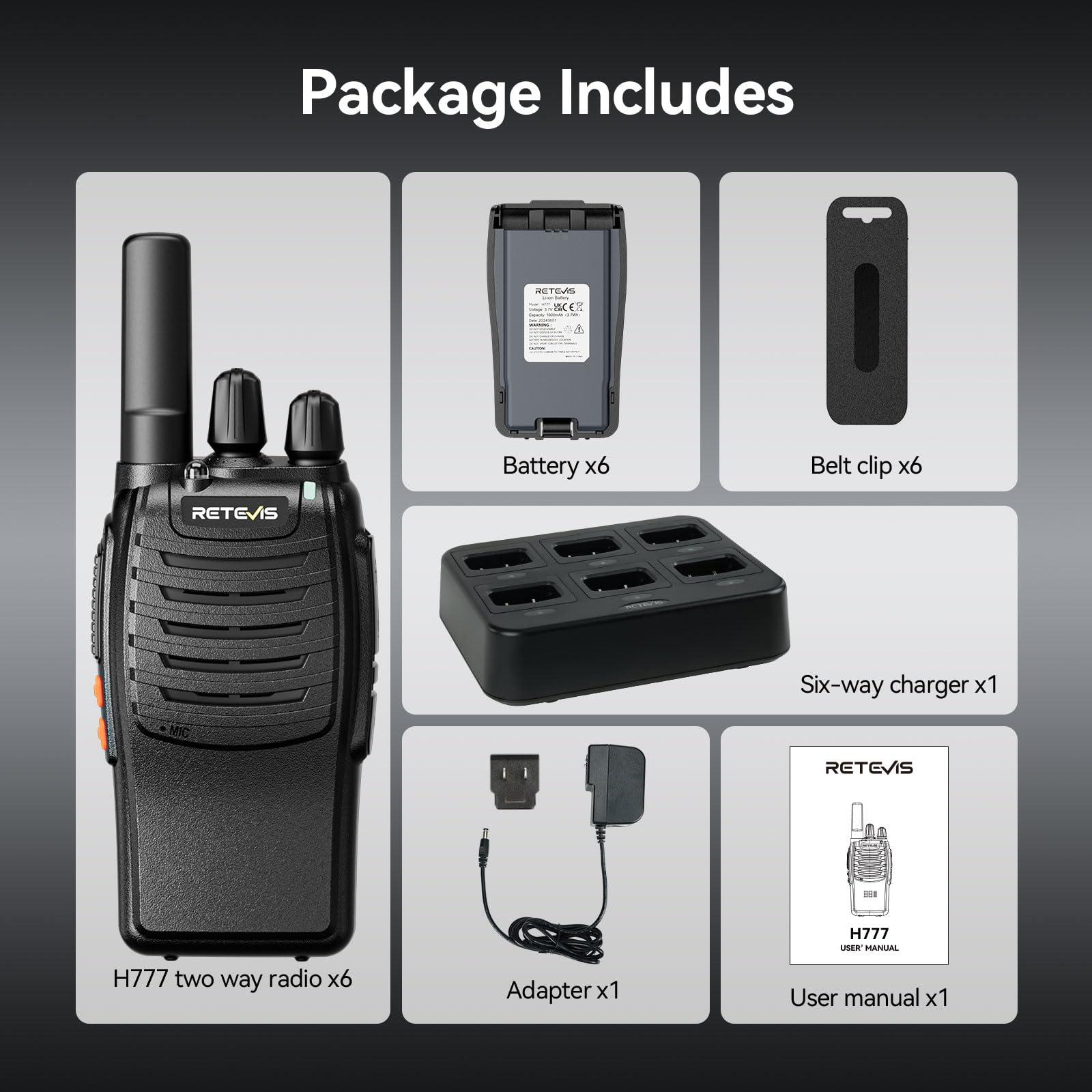 Retevis Case of 6,Retevis H-777 Walkie Talkies for Adults Long Range, Rechargeable Two-Way Radios,with 6-Way Multi Unit Charger,Flashlight Handheld Business 2 Way Radios