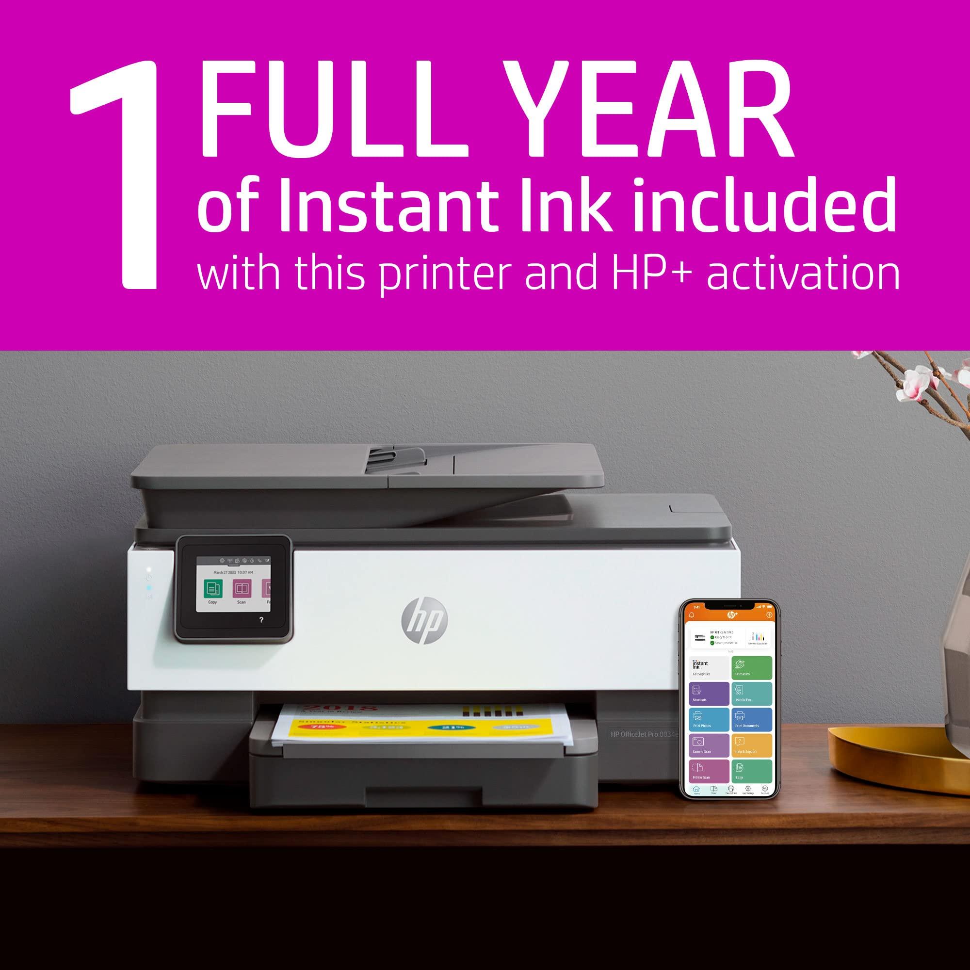 HP HP OfficeJet Pro 8034e Wireless Color All-in-One Printer with 1 Full Year Instant Ink,White (Renewed)