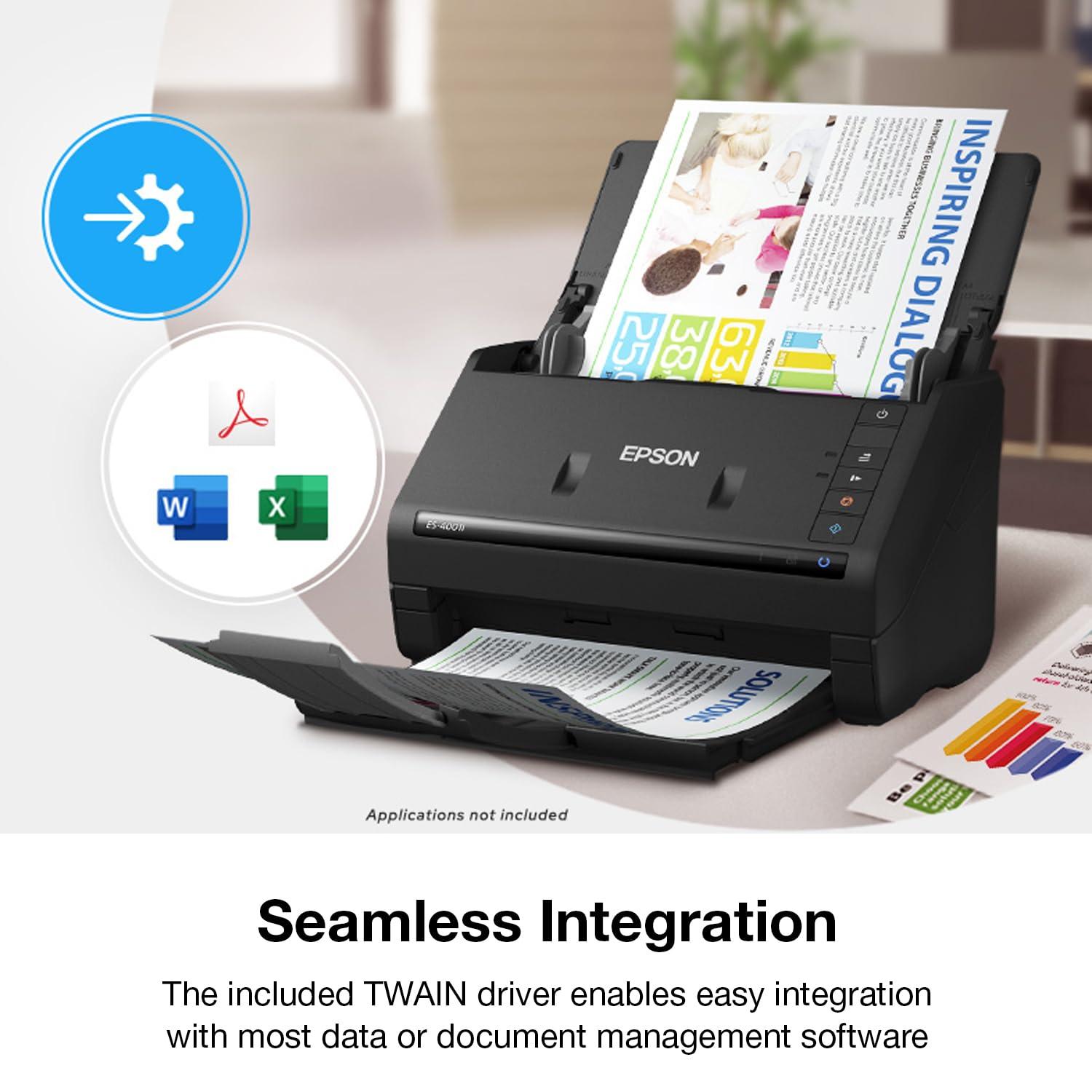 Epson Epson Workforce ES-400 II Color Duplex Desktop Document Scanner for PC and Mac, with Auto Document Feeder (ADF) and Image Adjustment Tools & Black Ribbon, 15M Characters (S015384) Medium