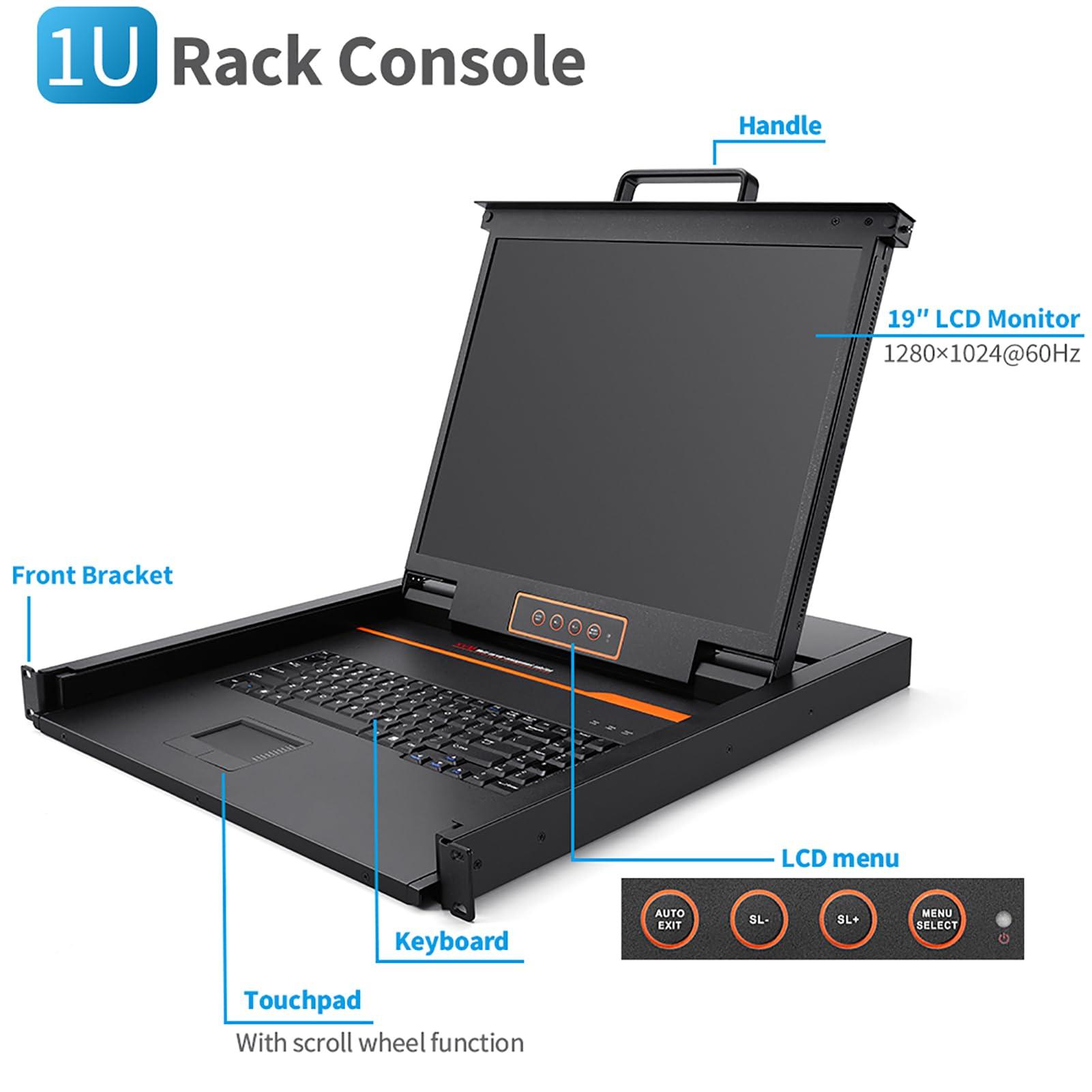 Kinan 19" Rack Mount Monitor and Keyboard, 1U KVM Console, Single Port DVI VGA Rack KVM Switch, 1280X1024 60Hz, 5:4 Ratio, 23.8" Deep, VGA and DVI KVM Cable Included, Compatible with Windows,Linux,Mac,etc
