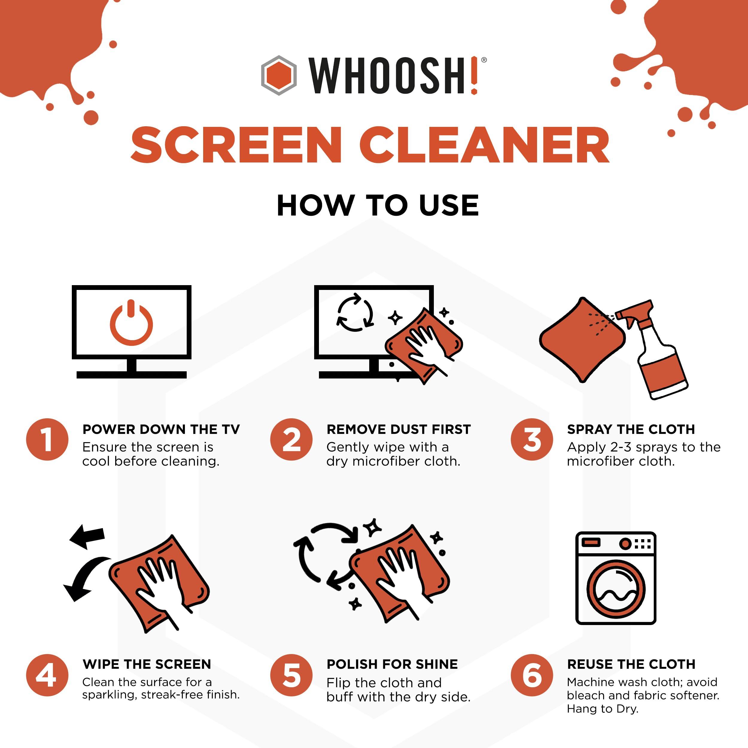 WHOOSH WHOOSH! TV Screen Cleaner - 16.9 fl oz + 1 Microfiber Cleaning Cloth - for TV, OLED, Car, Computer, Laptop, MacBook, iPad, iPhone, Camera, Touch Screen - Industrial Size Electronic Cleaner Kit