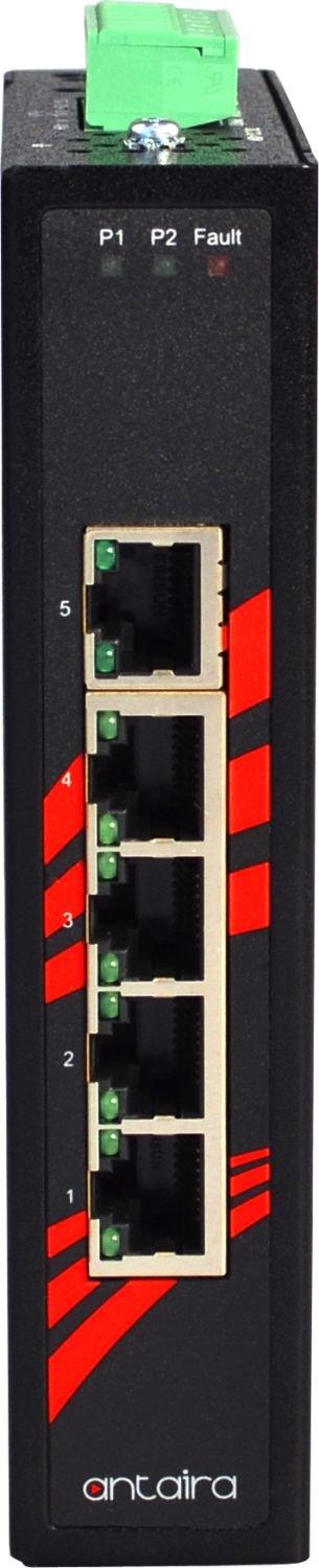 Antaira Technologies Antaira LNX-500AG Industrial-Grade 5-Port Unmanaged Gigabit Ethernet Switch, DIN-Rail Mount, -10 to 70C Operating Temperature, Redundant 12 to 48 VDC Power Input