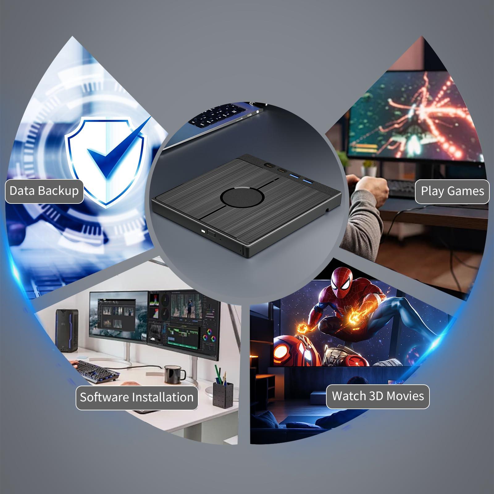 Yaeonku External Blu Ray Drive 7in1, Portable Blueray/DVD Drive for PC with USB 3.0/Type-C/SD/TF Card Ports, Support 100G Disc USB Blu Ray Drive External, Blu Ray Burner for Windows XP/7/8/10/11 Mac Laptop