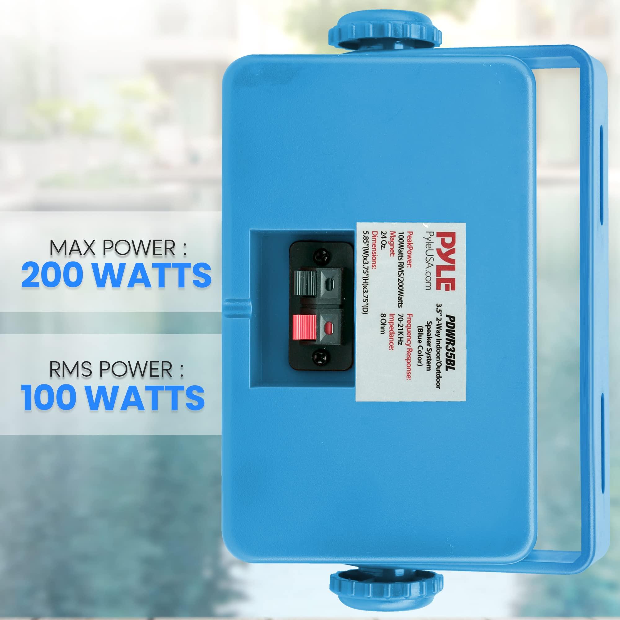 Pyle PyleUsa Indoor Outdoor Speakers Pair - 200 Watt Dual Waterproof 3.5 2-Way Full Range System w/ 1/2 High Compliance Polymer Tweeter - in-Home, Boat, Marine, Deck, Patio, Poolside (Blue) - PDWR35BL