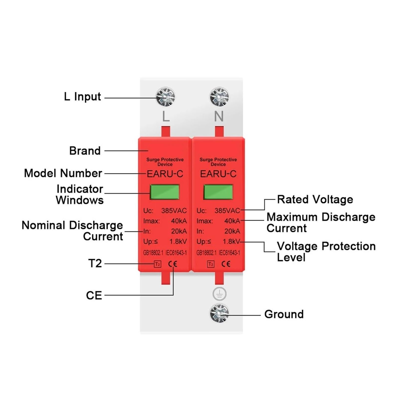 SHIHUANI SHIHUANI Surge Arrester Protective Lightning Protector AC 385V SPD 1P 2P 3P 4P 20KA 30KA 40KA 60KA House Lightning Surge Protector Protective Solar PV Low-Voltage Arrester Device(2P,AC385V 20-40KA)