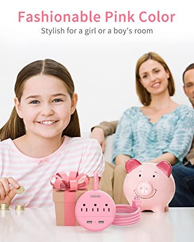 NTONPOWER Pink Extension Cord 15ft, NTONPOWER Flat Plug Power Strip with Long Extension Cord, 3 Outlet 2 USB Desktop Charging Station Wall Mount for Home, Dorm Room, Office and Nightstand, ETL Listed