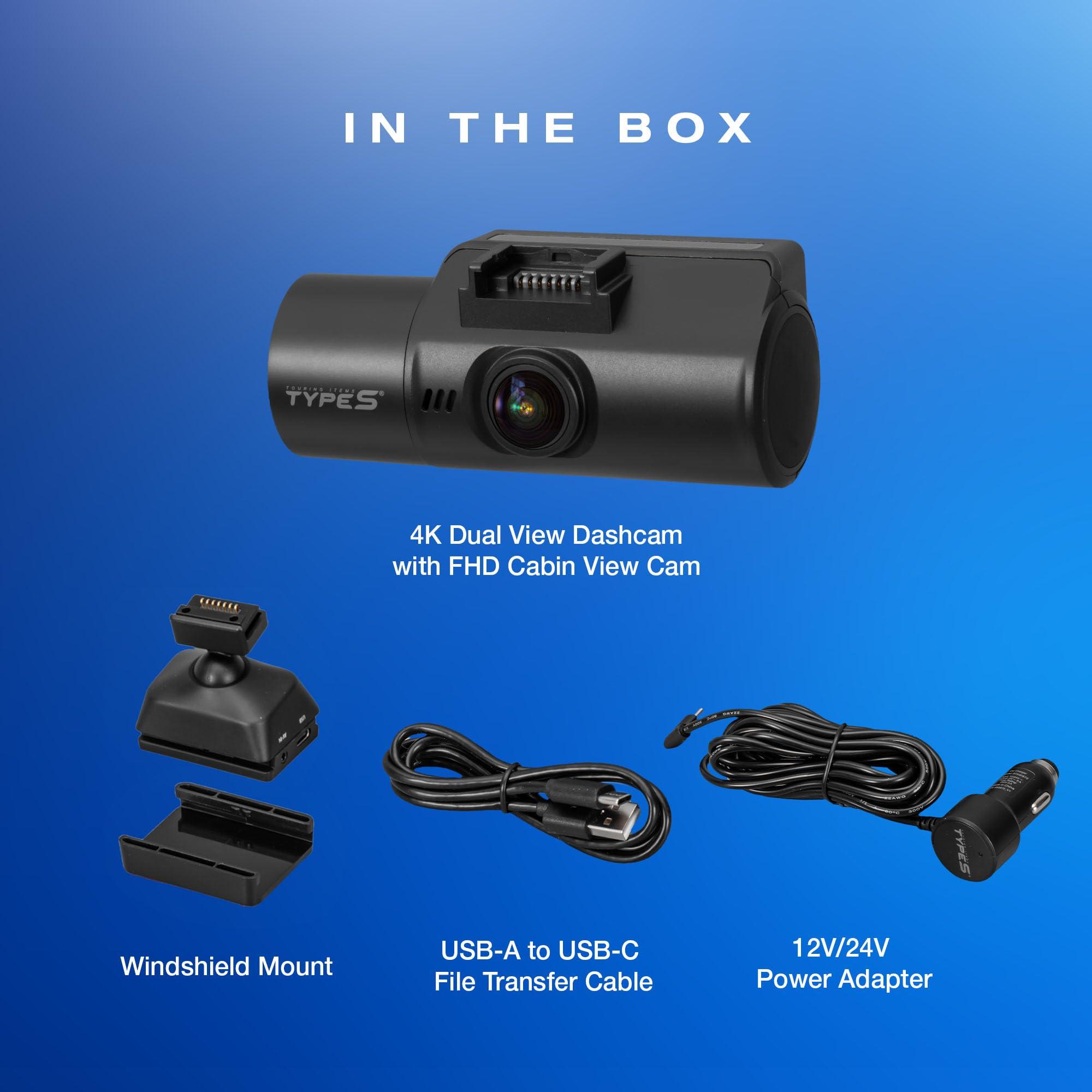 TYPE S TOURING ITEMS Type S S402 4K Dual View Car Dash Cam with 1080P Interior Surveillance Infrared Camera, Wireless Video Access via App Control, 24H Smart G-Sensor Monitoring, Night Vision, 16GB Memory Card Included